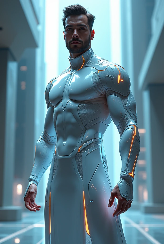 Thor glossy white suit in with glowing golden lighting cyberpunk futuristic costume cenematic background