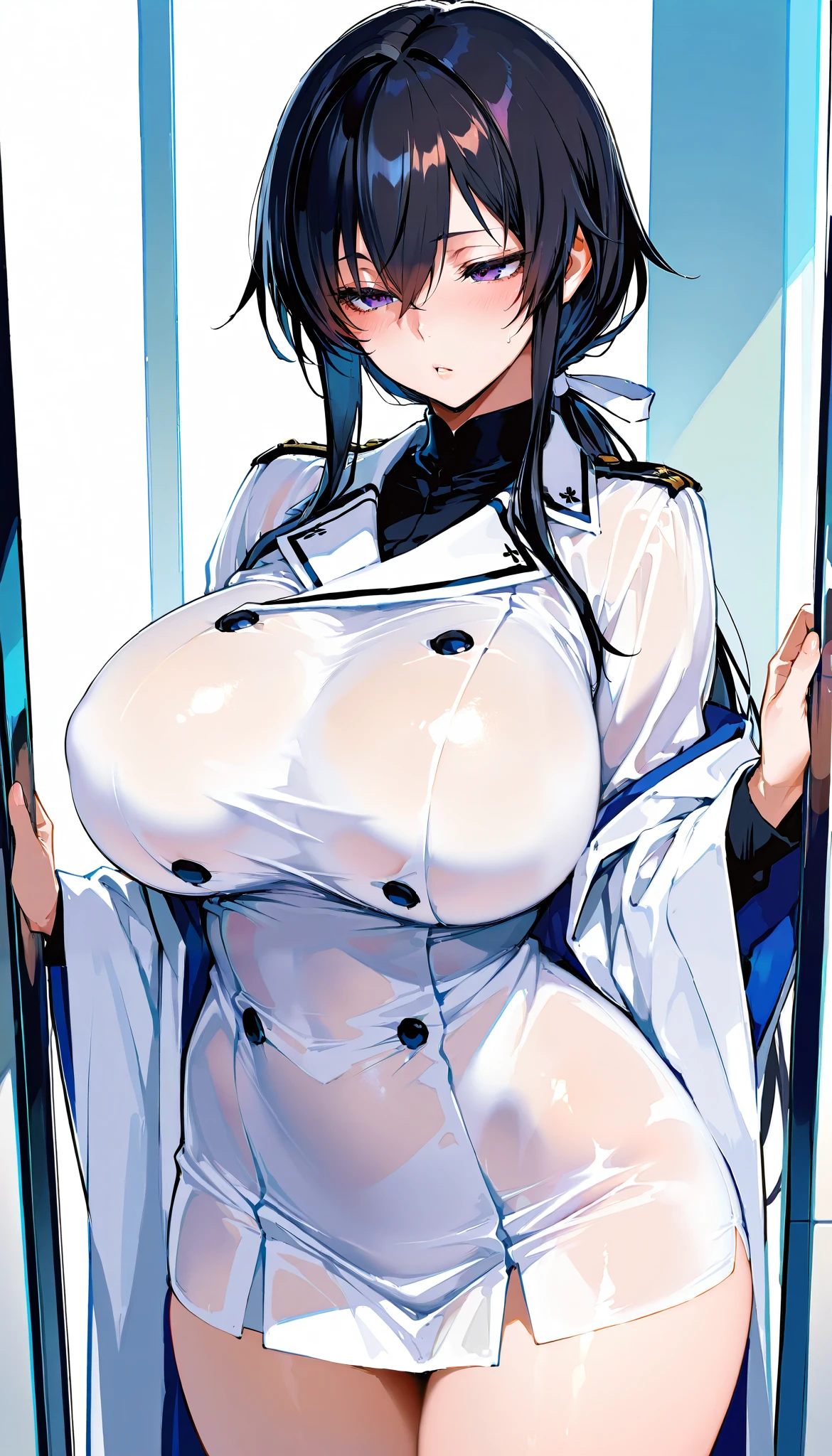 Black hair, straight and long,low ponytail、 slanted eyes, big breasts, white coat, clothes transparent, Japanese princess,onmyouji (( (High resolution) )), ((((masterpiece)))), 