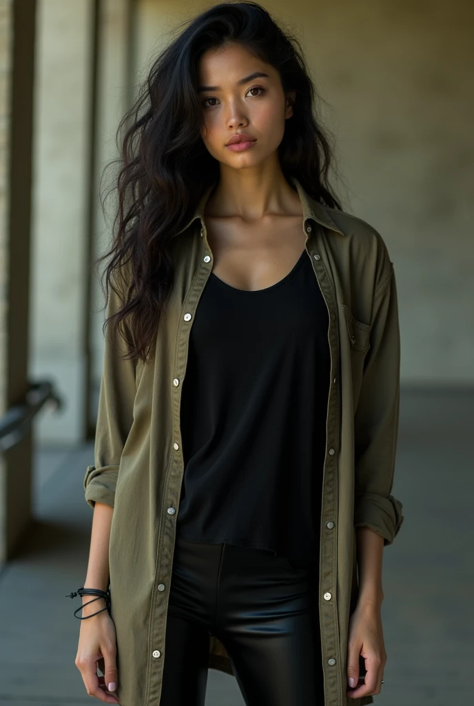 Woman with dark skin Black hair Light brown eyes of indigenous origins Wearing moss green blazers with a light beige t-shirt