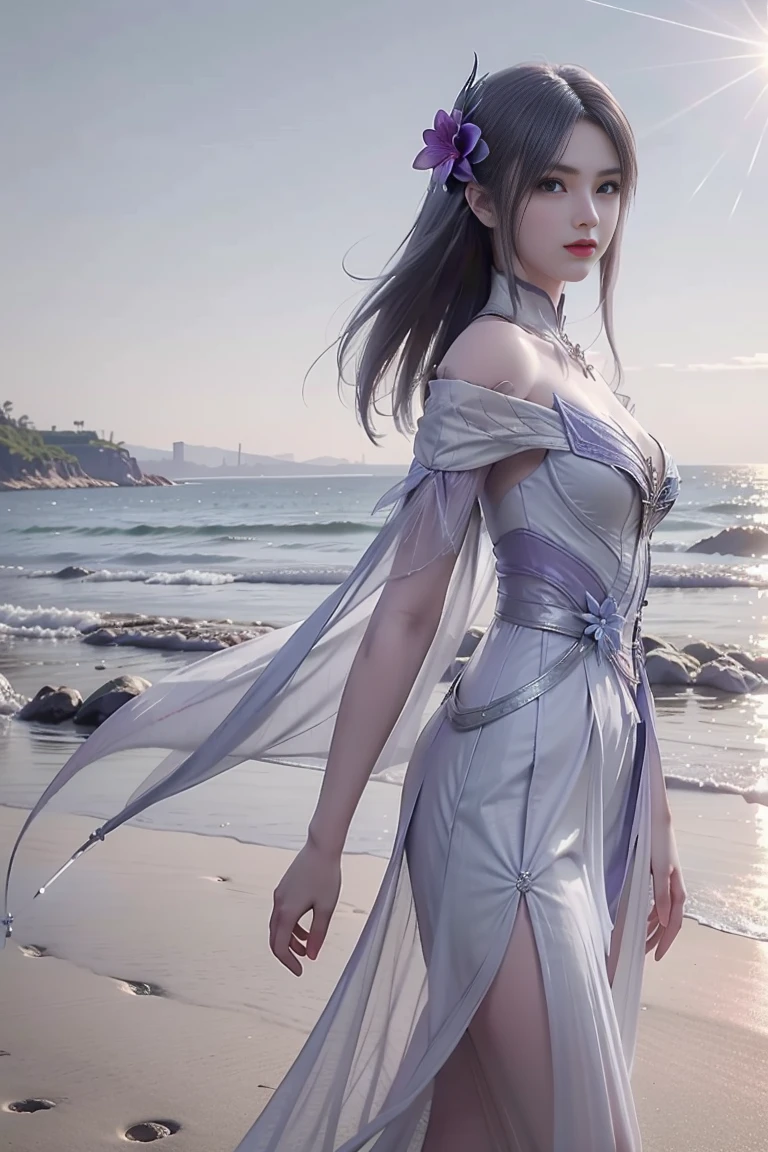 (masterpiece),(best quality:1.5),8k,absurdres,highres,
xiaoyixian,1girl,solo,purple dress,((silver circle:1.2)),breasts,((glowing flower:1.2)),((hair ornament:1.3)),closed mouth,looking at viewer,long dress,pale skin,(side slit:1.2),
(sparkle:1.2),(glitter:1.1),(sunlight:1.2),slim legs,high heels,wind lift,water,beach, upper body, school uniform, Skirt,