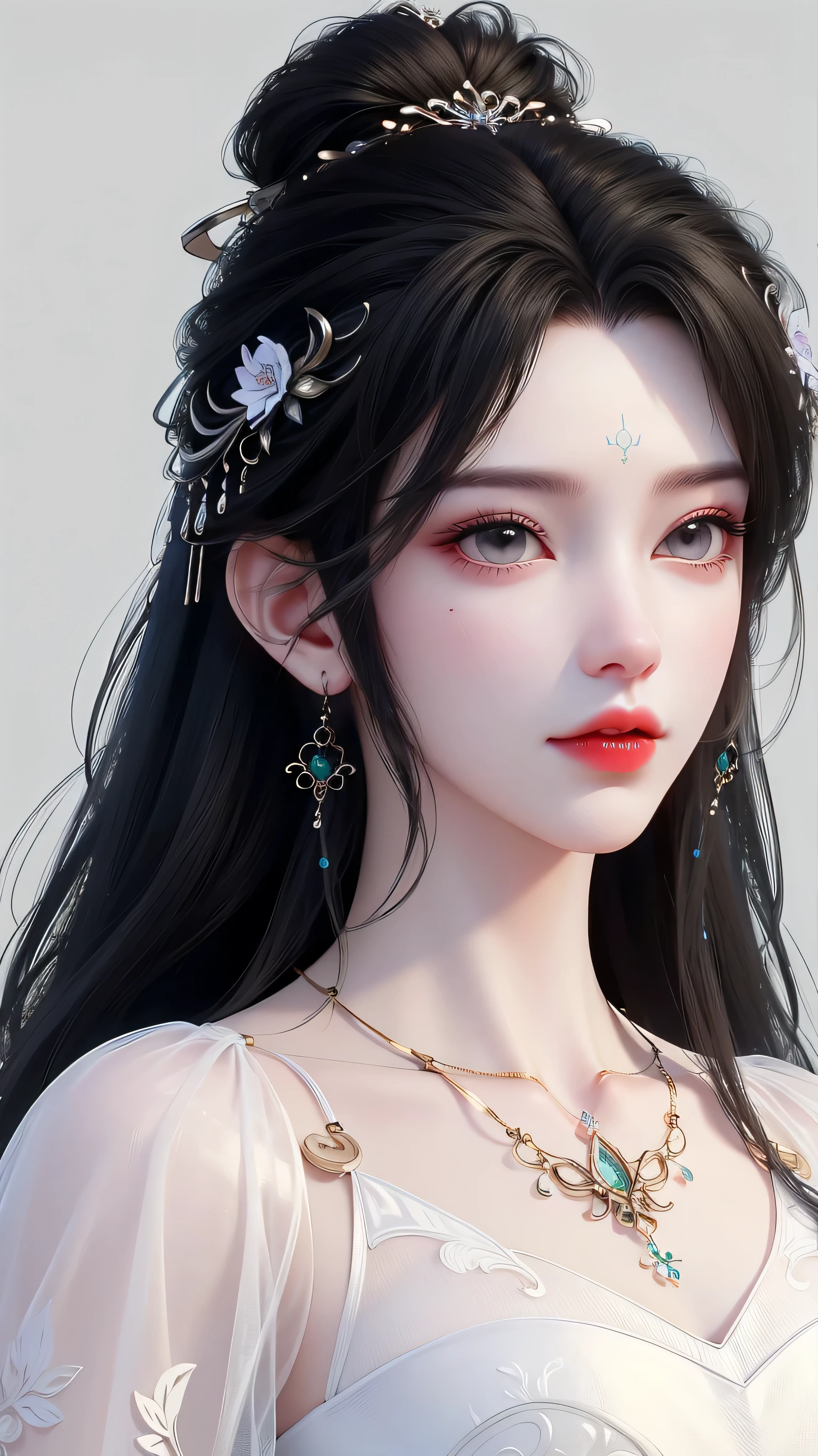 (masterpiece),(best quality:1.5),8k,absurdres,highres, Glowing skin:1.3, shiny skin, oil skin, 
luxueqi,
1girl,solo,jewelry,hair ornament,crystal earrings,earrings,long hair,black hair,forehead mark,crystal,crystal hair ornament,alpha transparency,see-through,hair bun,dress, white dress,facial mark,simple background,realistic,expressionless,single hair bun,closed mouth, (upper body), outdoor, garden,