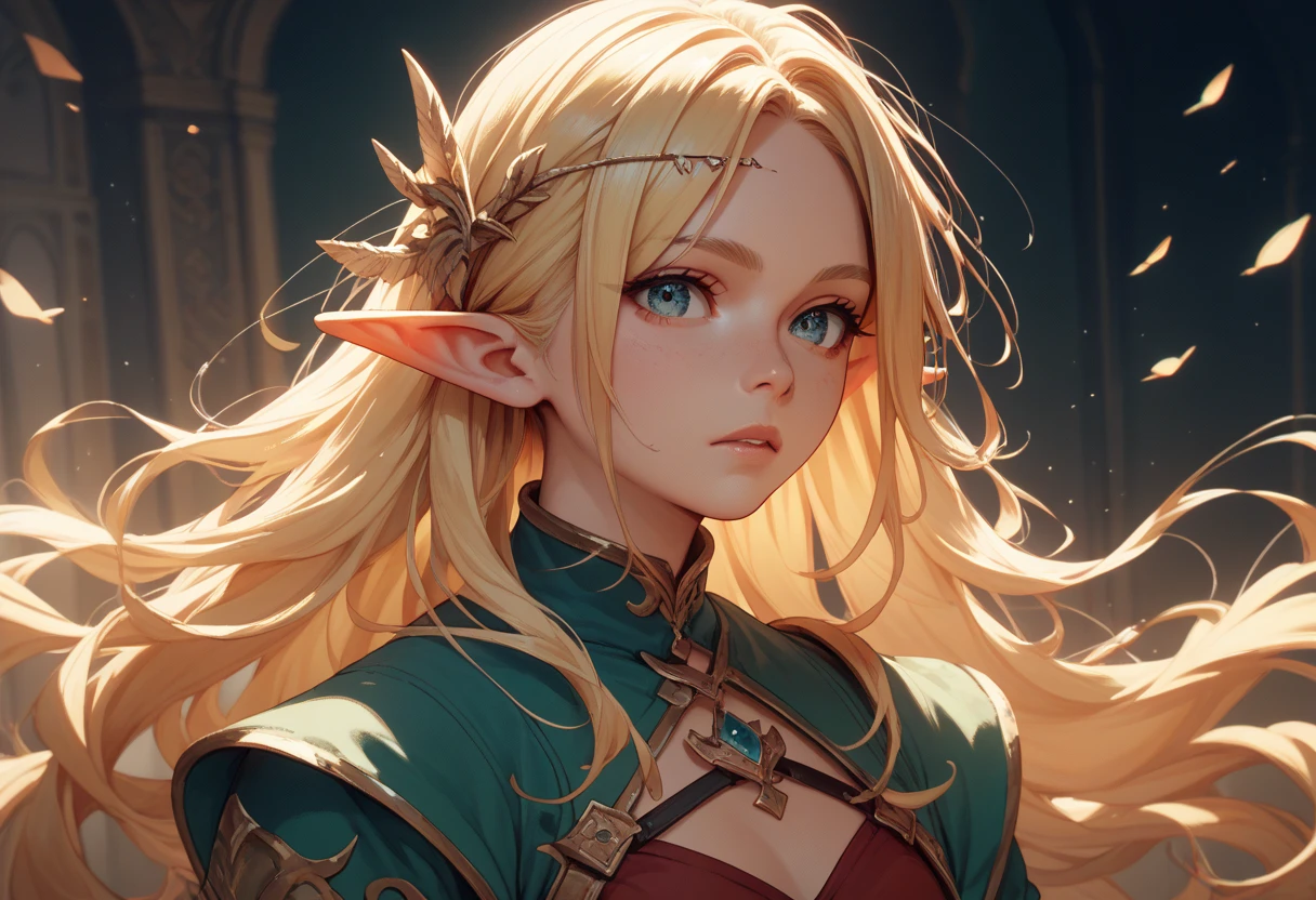 Eye color is red and blue　 blonde long hair　 elf ears 