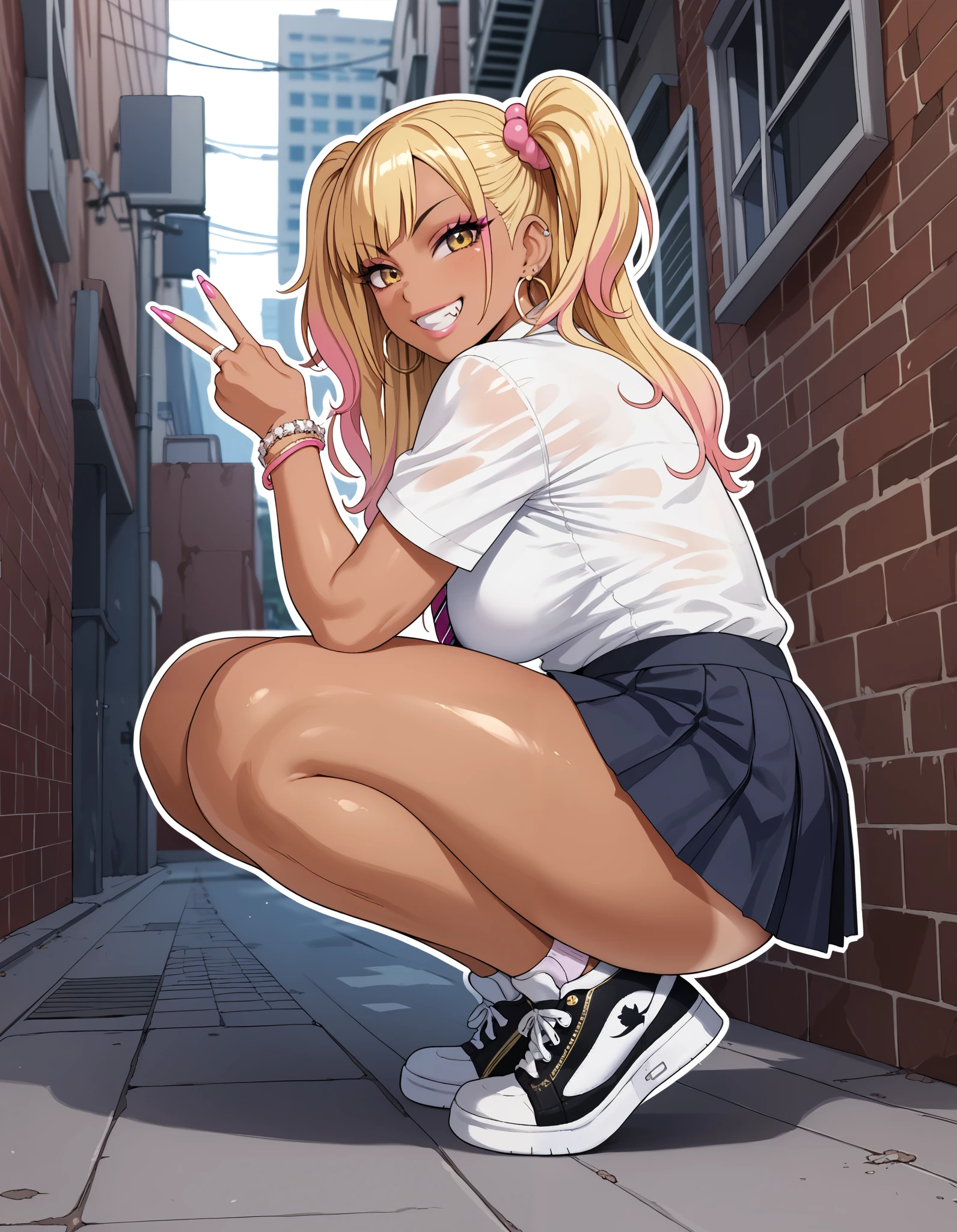 Score_9,Score_8,score_7_up,source_anime, rating_questionable, back alley, stylish pose, ceiling, from side:1.2, squatting, sneakers focus, Show off your sneakers,
((thick outline)), thick outline, black outline, gyaru, bimbo, cute, pale skin, gyaru clothes, white shirt, street style, pleated skirt, sneakers, single V,
glamorous, grin, fang, yellow eyes, two side up blonde hair, tan lines, 