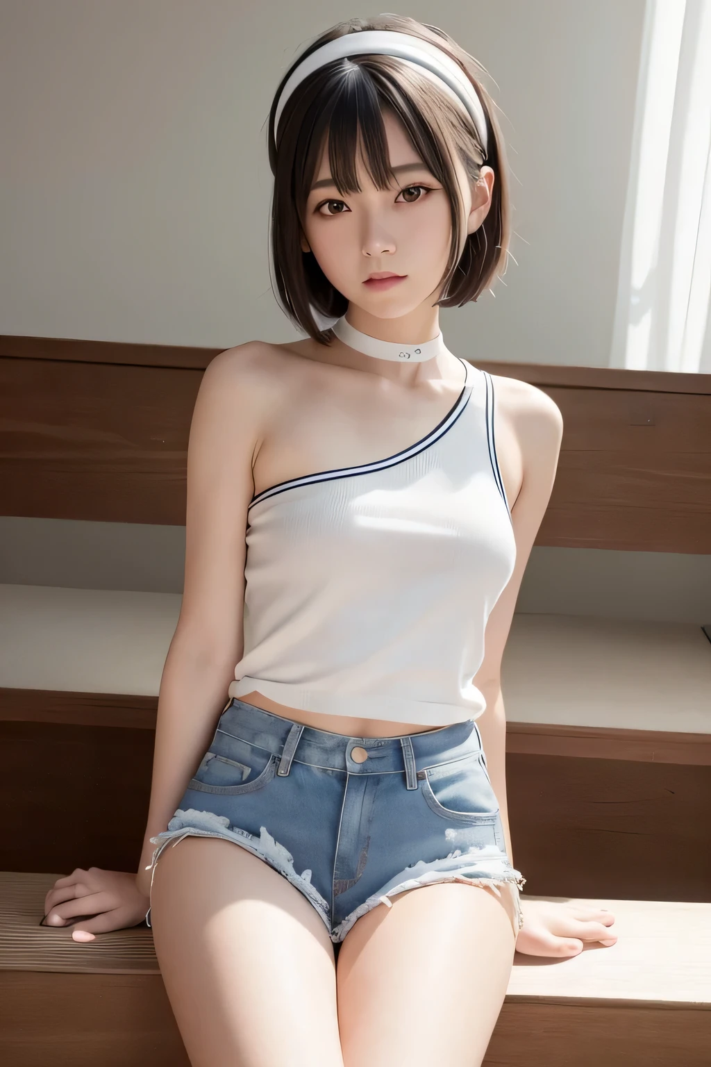 (RAW photo:1.2),(Photorealistic:1.4),(Masterpiece:1.3),(Best quality:1.4),超高分辨率,
hdr,8K resolution, 
Dreamlike,
check commentary,commentaryrequest,scenery,((No text)),
solofocus, (full bodyesbian),
(Detailed eyes),(Detailed facial features), (detailed clothes features),
skin tight, (Shiny skin),(slender girl),(Slim girl),
(1girll,Solo),virtualgirl-Rin, cheerfulness, Smile, (Small breasts), bangs, bob hair, Short hair, Brown hair, Brown eyes, Black choker,
college aged, schoolgirl, White high school sportswear,Red sports shorts,Sneakers,
