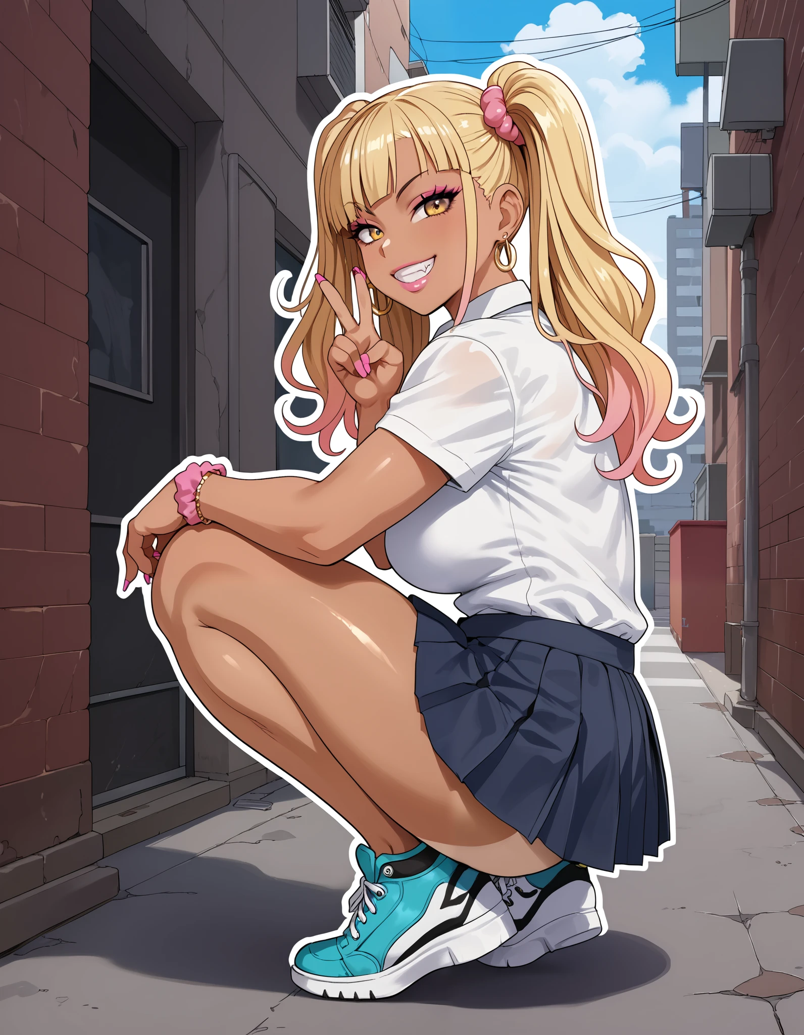 Score_9,Score_8,score_7_up,source_anime, rating_questionable, back alley, stylish pose, ceiling, from side:1.2, squatting, sneakers focus, Show off your sneakers,
((thick outline)), thick outline, black outline, gyaru, bimbo, cute, pale skin, gyaru clothes, white shirt, street style, pleated skirt, sneakers, single V,
glamorous, grin, fang, yellow eyes, two side up blonde hair, tan lines, 