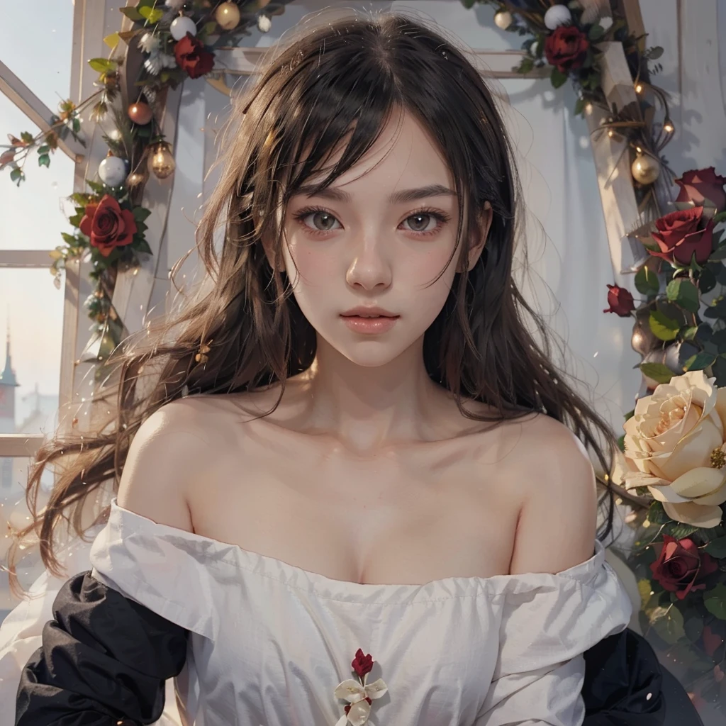 Anime girl with long black hair and a white dress with red roses, Gwaiz, Gwaiz on pixiv artstation,  detailed digital animation art, beautiful anime girl, Gwaiz on artstation pixiv, Anime Style 4k, everyone, beautiful anime portrait,  detailed portrait of an anime girl ,  BEAUTIFUL ANIME WOMEN ,  Detailed Anime Art 