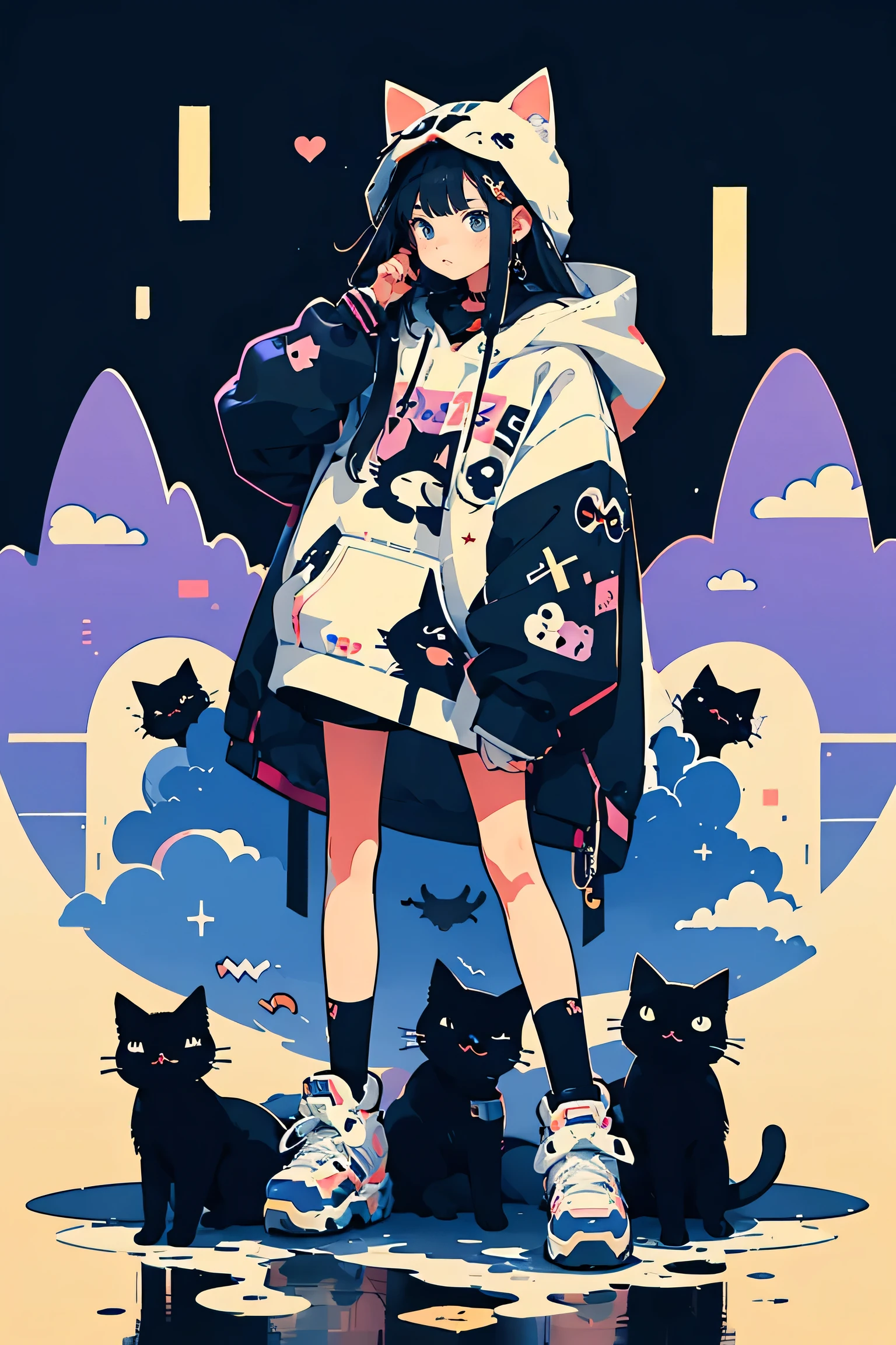 anime girl with black hair and cat hat , Anime-style illustrations for , cute art style, wallpaper 8k, digital illustration , Beautiful cat girl, She's wearing a hood and animal years and techno wear , futuristic fashion in black and Holographic colors, There are lots of details and buttons, Cable coming out of sleeve, The background is a simple pattern with cat motifs and pows, Purple and Black, Black cat eyes, Holographic , Holo Details