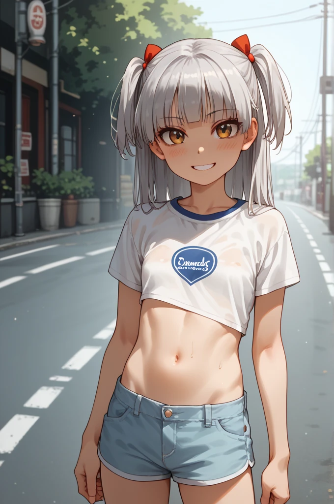 A 6--old is standing, masterpiece, best quality, Volumetric Lighting, Best Shadows, Shallow Depth of Field, Portrait Of Stunningly, Delicate Beautiful Attractive Face With Alluring orange Eyes, Sharp Eyebrows,Layered Short Brown Twintail Hair, shota, Little navel), Thighs out, thigh focus, Skinny, (baggy gray hoodie), (Oversized gray hoodie), topless, hotpants, short shorts , booty shorts, covered penis, sweat, perspired, disgust, blush, flat chest, No chest, gleaming skin, no socks, Sneakers, street, Crowded intersection, middle of the road,