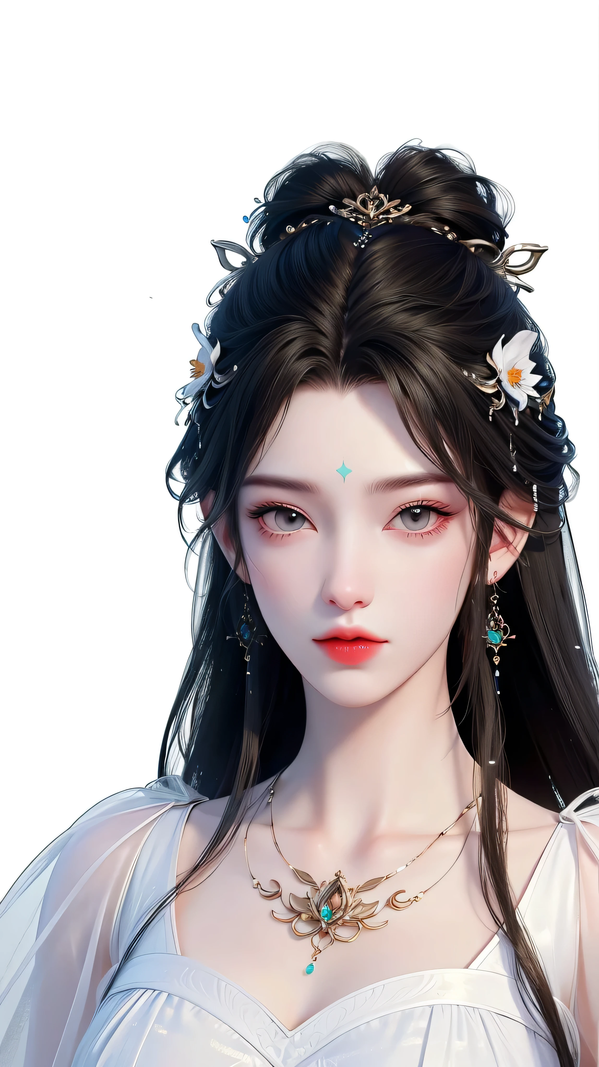 (masterpiece),(best quality:1.5),8k,absurdres,highres, Glowing skin:1.3, shiny skin, oil skin, 
luxueqi,
1girl,solo,jewelry,hair ornament,crystal earrings,earrings,long hair,black hair,forehead mark,crystal,crystal hair ornament,alpha transparency,see-through,hair bun,dress, white dress,facial mark,simple background,realistic,expressionless,single hair bun,closed mouth, (upper body), outdoor, garden,