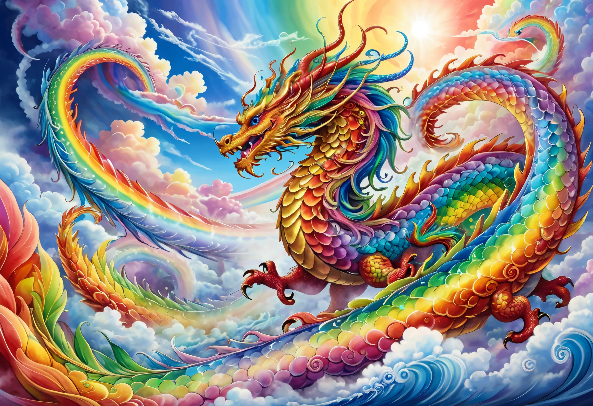 Painting of a colorful dragon flying through the sky with a rainbow ...