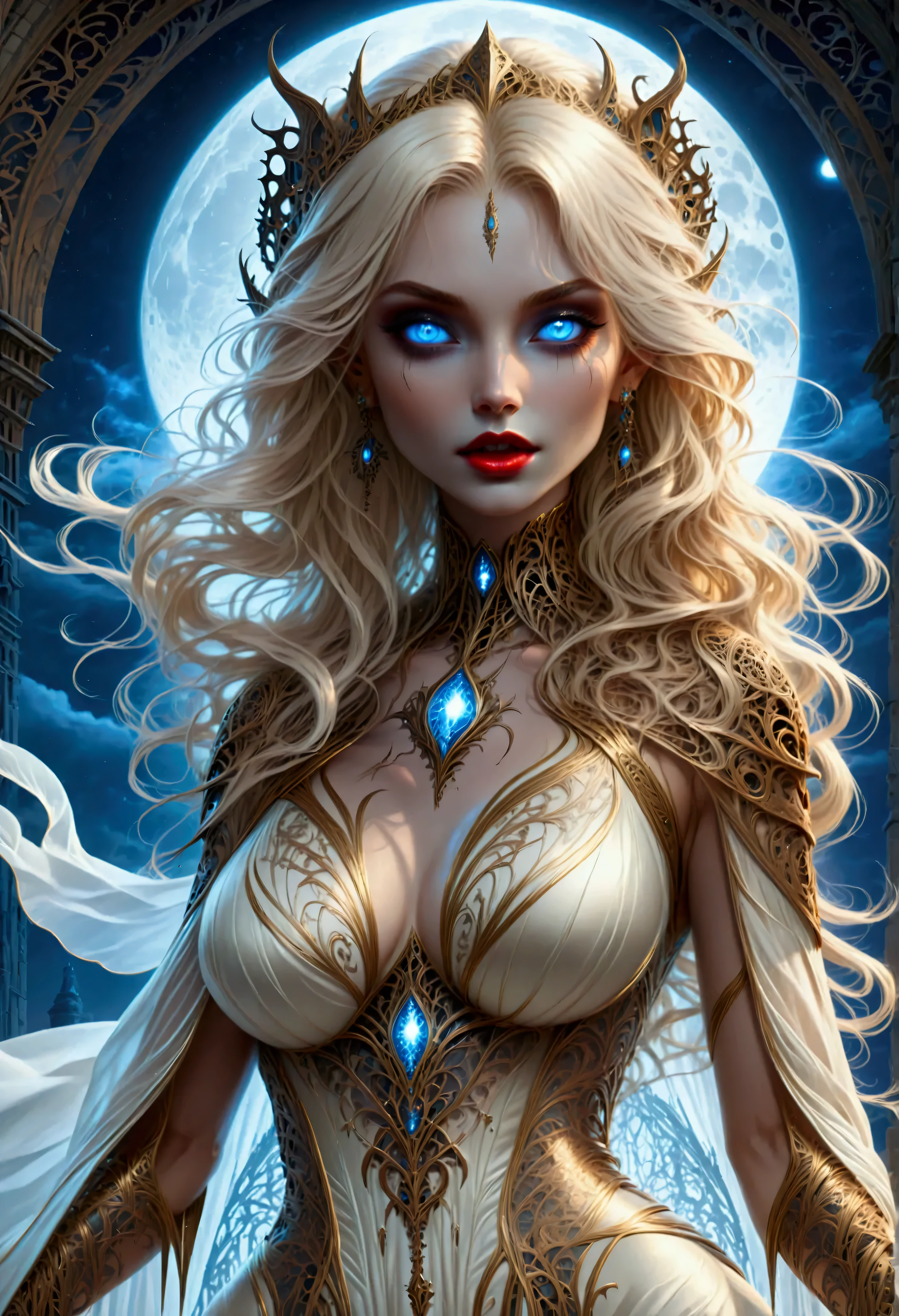 art deco illustration, gothic art, (masterpiece:1.5), full body best details, highly detailed, best quality, highres, full body portrait of a female vampire, (Masterpiece, best quality: 1.6), ultra feminine, with a long curvy hair, gold hair, glowing blue eyes, busty, ((beautiful delicate face)), Ultra Detailed Face (intricate details, fantasy art, Masterpiece, best quality: 1.5), ((vampiric fangs 1.5)), flowing cloak (intricate details, fantasy art, Masterpiece, best quality: 1.3), wearing an intricate (white silk dress: 1.4) intricate leather dress (intricate details, fantasy art, Masterpiece, best quality: 1.5), high heeled boots, fantasy urban background (intense details, beat details), fantasy, at night light, natural ,moon light, clouds, gothic atmosphere, soft light, dynamic light, [[anatomically correct]], high details, best quality, 8k, [ultra detailed], masterpiece, best quality, (extremely detailed), dynamic angle, rpg portrait, photograph, Perfect Fangs,
