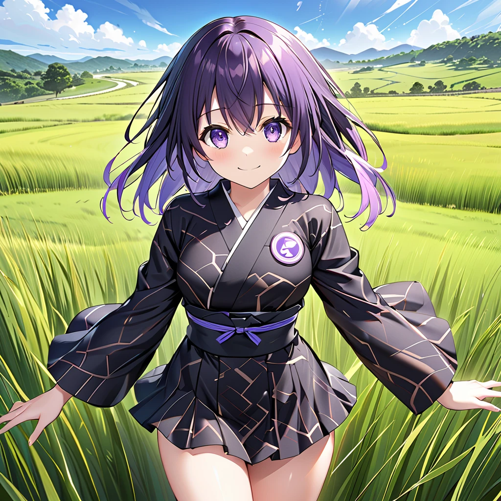 ( Perfect Anatomy), ((32K)), (( top quality )), ((超 high res)), (( high res)), ((超 high res)), (( very detailed CG)),Nepgear, ,smile, black hair,(Black Pattern Kimono:1.5)、(Thighs),grassland、blue sky、 cowboy shot、eyesHD