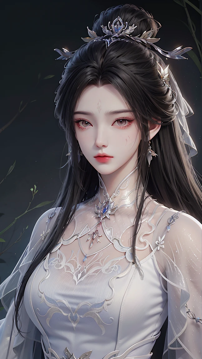 (masterpiece),(best quality:1.5),8k,absurdres,highres, Glowing skin:1.3, shiny skin, oil skin, 
luxueqi,
1girl,solo,jewelry,hair ornament,crystal earrings,earrings,long hair,black hair,forehead mark,crystal,crystal hair ornament,alpha transparency,see-through,hair bun,dress, white dress,facial mark,simple background,realistic,expressionless,single hair bun,closed mouth, (upper body), outdoor, garden,