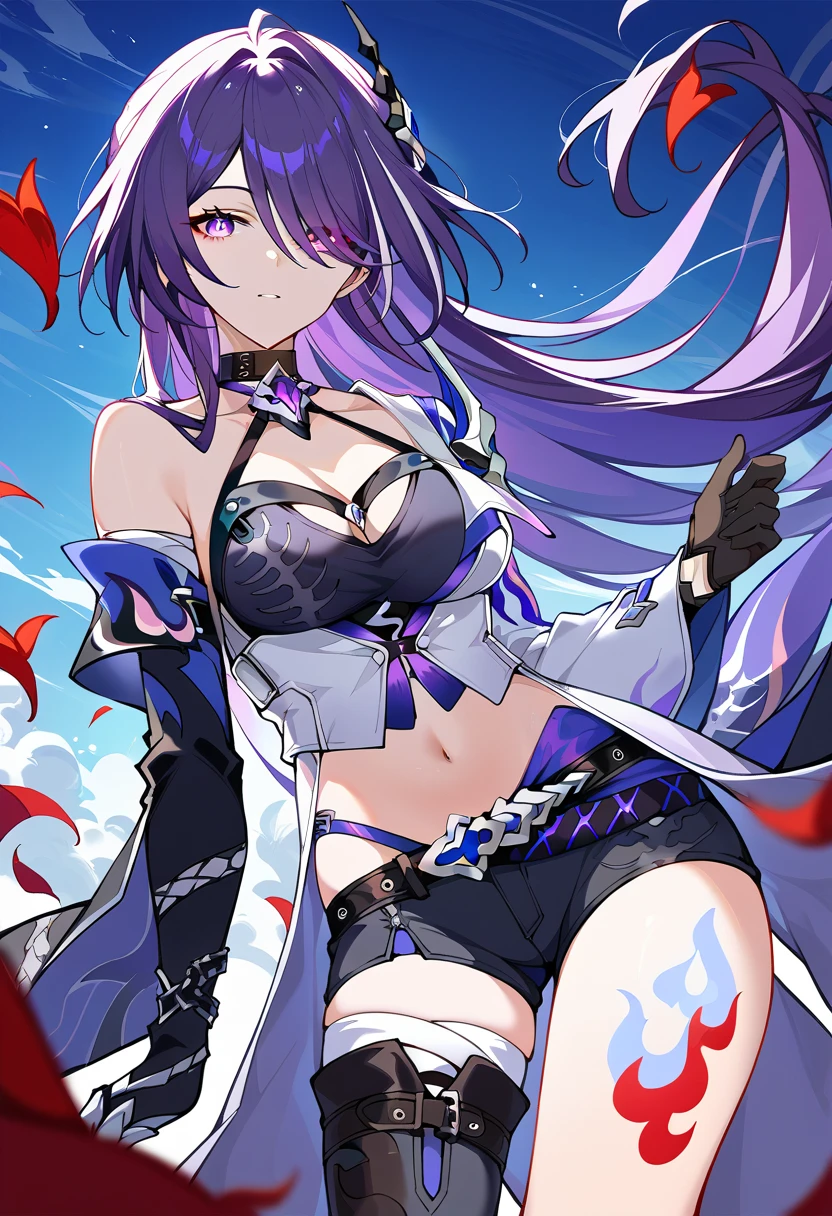 score_9,score_8_up,score_7_up,source_anime, Acheron \(honkai: star rail\) long hair, short shorts, leg tattoo, single knee boot, single thigh boot, midriff, black gloves, hair ornament, choker, long coat, single sleeve, single gauntlet, uneven legwear、 purple hair, very long hair, purple eyes,(( detailed description))、 hide one eye with bangs 、Hide left eye、Narrow eyes、 beautiful eyes、Pointed eye corners、輝く瞳、 glowing eyes、 center on both hands、Straight、 from the front、