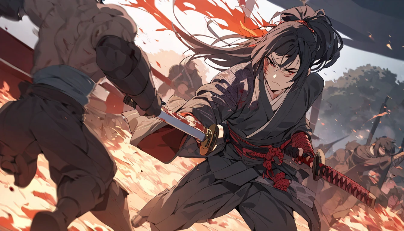  black hair,  ponytail, Sanpaku, Serious,  Anime Style , blend,  anatomically correct ,  super detailed , 最 High Quality ,   high detail , masterpiece,  High Quality , Accurate, warrior, Ronin , kimono, With a sword, Run through the battlefield,  flameout , Bloody、Covered in scars