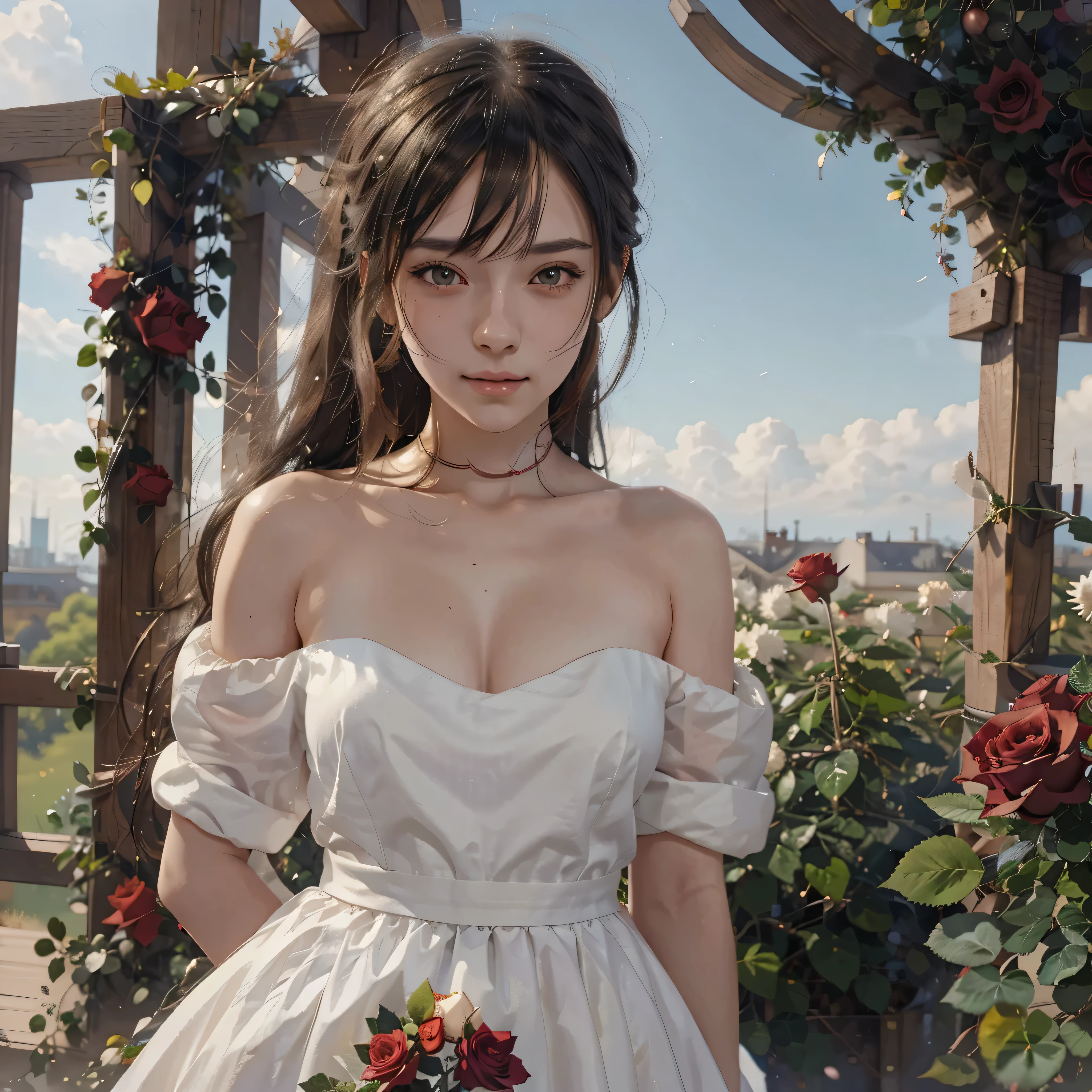 Anime girl with long black hair and a white dress with red roses, Gwaiz, Gwaiz on pixiv artstation,  detailed digital animation art, beautiful anime girl, Gwaiz on artstation pixiv, Anime Style 4k, everyone, beautiful anime portrait,  detailed portrait of an anime girl ,  BEAUTIFUL ANIME WOMEN ,  Detailed Anime Art 