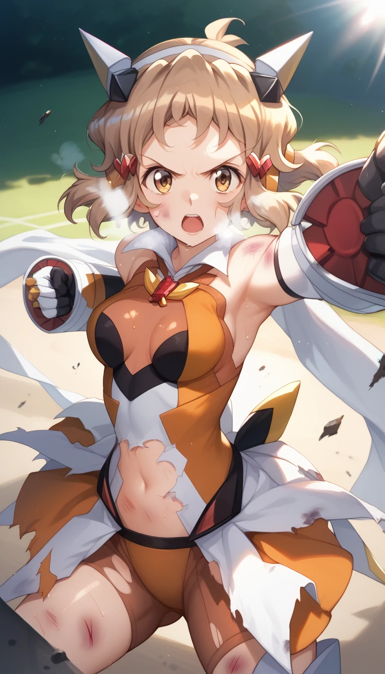  top quality ,  soft light during the cruise,  super high res,  cute, Beautiful face in every detail , high resolution details of human skin texture, shiny skin,sweat,Heat, white breath ,Take a deep breath,Hibiki Tachibana,Brown Hair,, battle costume,Outdoor Arena,sunlight, serious eyes,Ready, Symphogear ,armed gear , open mouth ,Fighting pose,bruised body, hair ornament, torn clothes ,Short Hair,,whole body