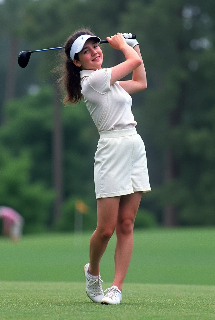 1girl, UHD, 8k, a photo of a beautiful 1950's pinup girl, Wearing Cat-Eye Glasses, At a 1950s Country Club: Green golf course, stylish sports attire, white clubhouse