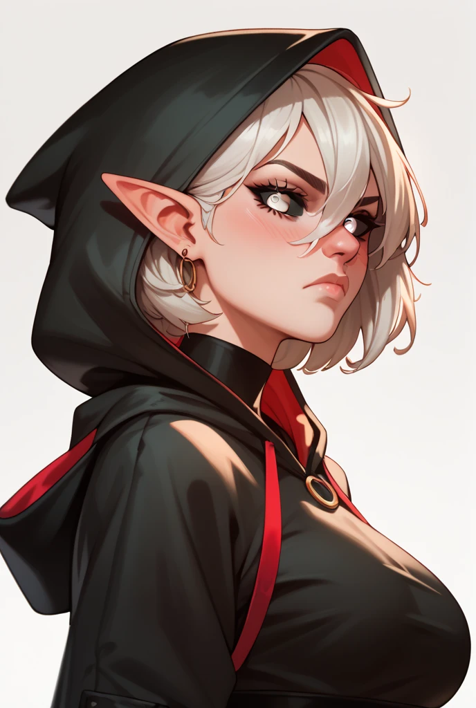  a girl, Alone,  short hair, cabello blanco,  Hair between eyes, breasts,  pointy ears , blush,  Closed mouth ,  Frowns, Eye ring, white eyes,  From the Side , hood, black sclera