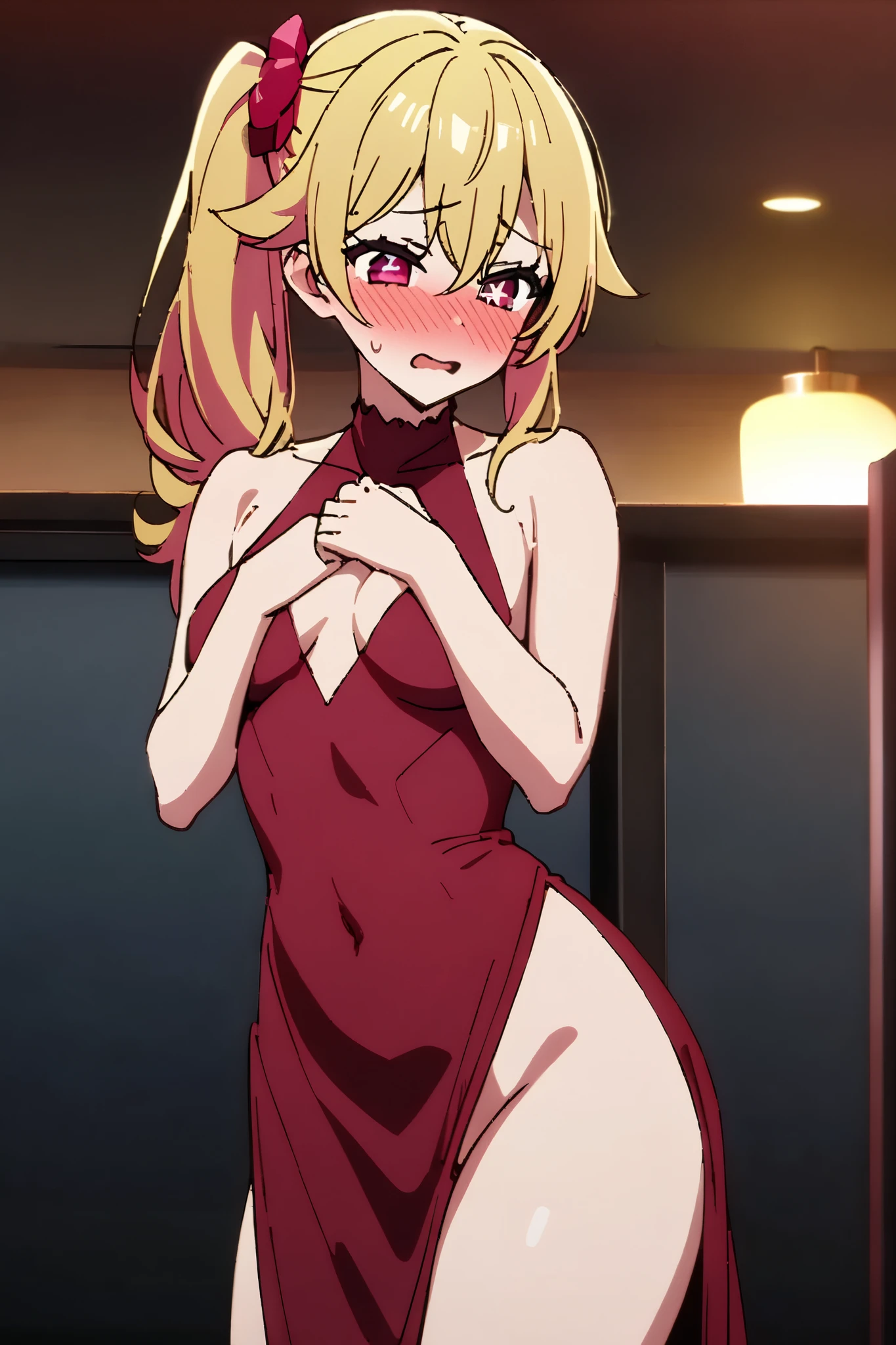 NSFW,masterpiece, top quality , high res, very detailed,Hoshino Ruby\(My Favorite \),Star-shaped pupils, long hair, side ponytail,Blonde,(Prostitute),Brothel,Embarrassed,blush, Evening Dress,Chest cut-in