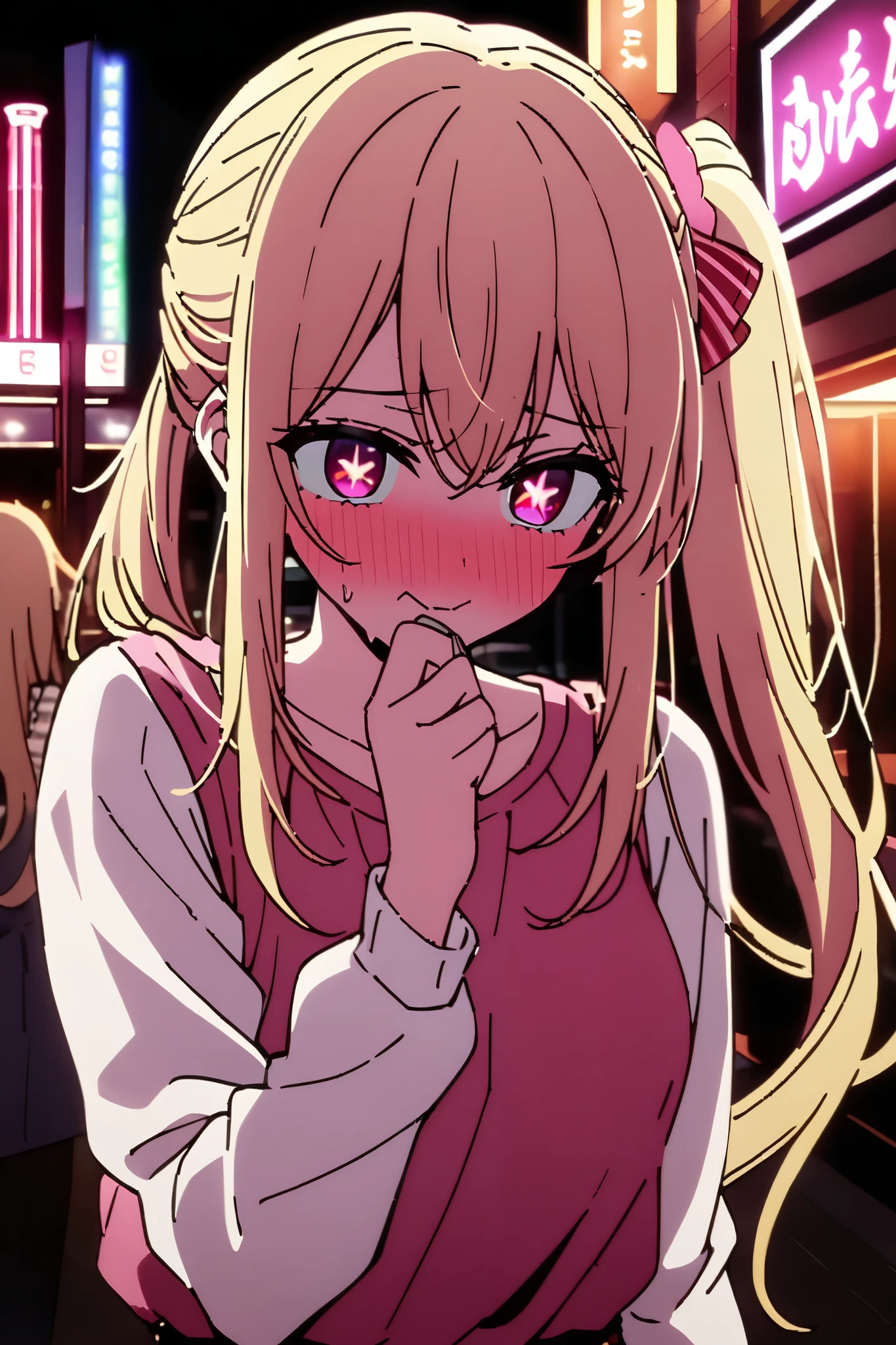 NSFW,masterpiece, top quality , high res, very detailed,Hoshino Ruby\(My Favorite \),Star-shaped pupils, long hair, side ponytail,Blonde, casual clothes,Date,Nightlife,Hotel district,Wisdom face