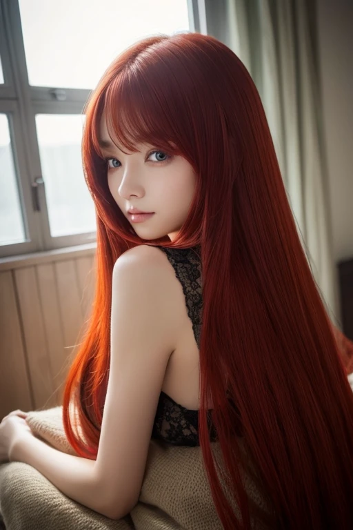 (masterpiece、Realistic woman),Woman kneeling、18-year-old、(Red hair、Wavy Hair、Long Hair、Forehead),blouse、Beautiful Eyes、sexy、(suck)、Sweat、(Close-up of face)、sfw、living
