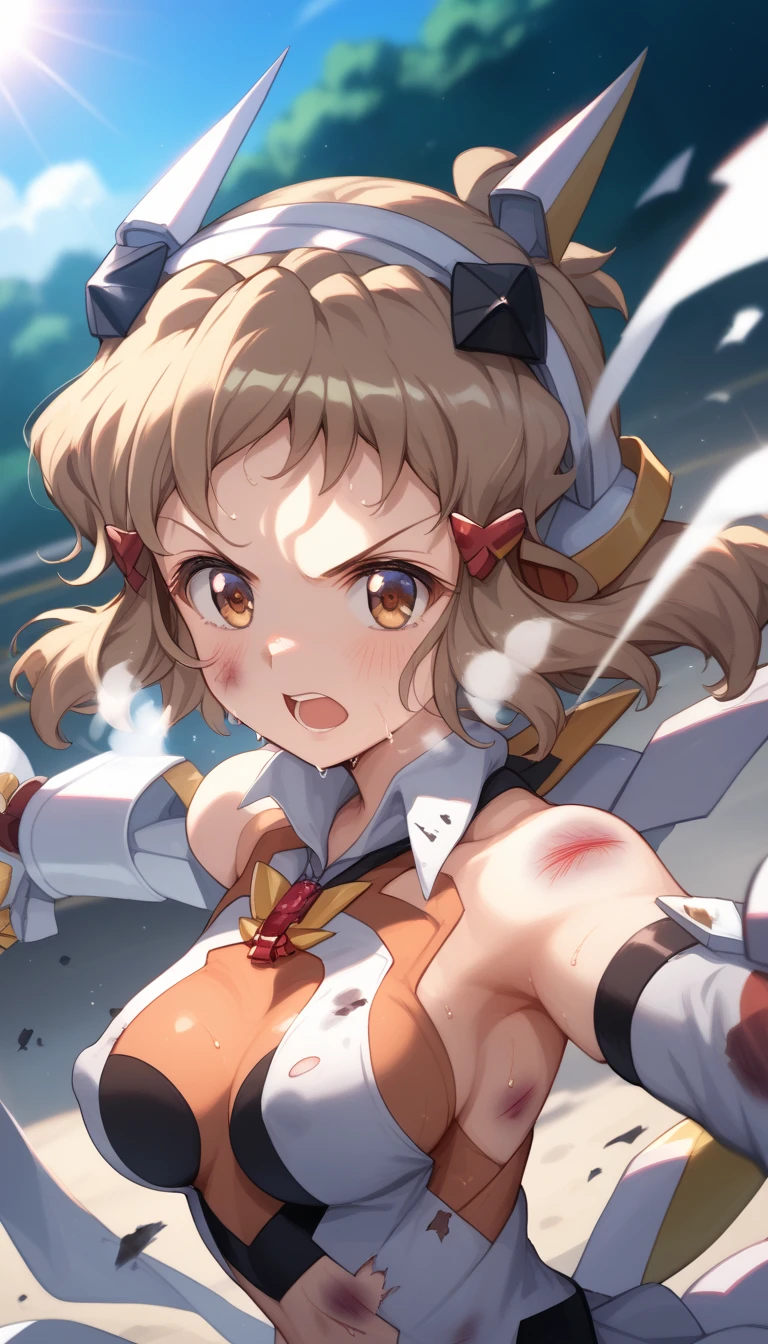  top quality ,  soft light during the cruise,  super high res,  cute, Beautiful face in every detail , high resolution details of human skin texture, shiny skin,sweat,Heat, white breath ,Take a deep breath,Hibiki Tachibana,Brown Hair,, battle costume,Outdoor Arena,sunlight, serious eyes,Ready, Symphogear ,armed gear , open mouth ,Fighting pose,bruised body, hair ornament, torn clothes ,Short Hair,,whole body, one nipple