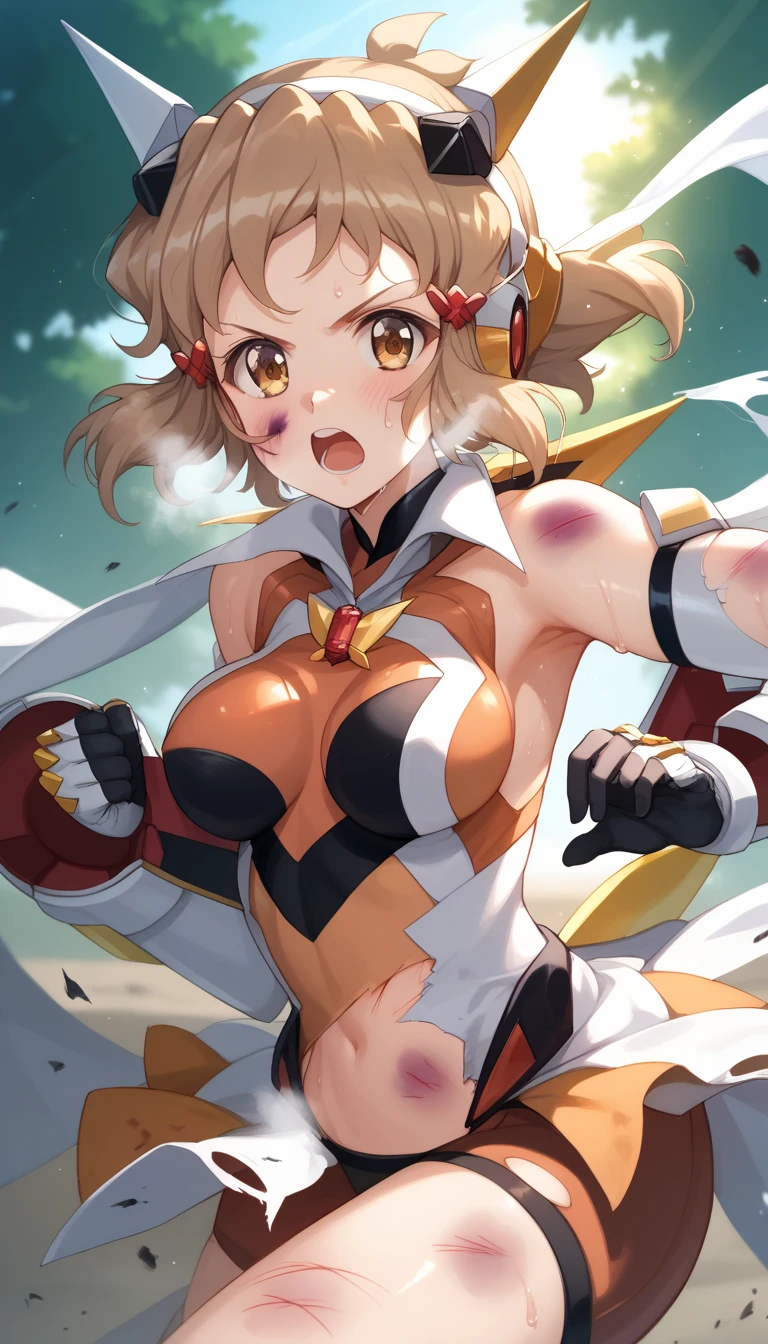  top quality ,  soft light during the cruise,  super high res,  cute, Beautiful face in every detail , high resolution details of human skin texture, shiny skin,sweat,Heat, white breath ,Take a deep breath,Hibiki Tachibana,Brown Hair,, battle costume,Outdoor Arena,sunlight, serious eyes,Ready, Symphogear ,armed gear , open mouth ,Fighting pose,bruised body, hair ornament, torn clothes ,Short Hair,,whole body, one nipple