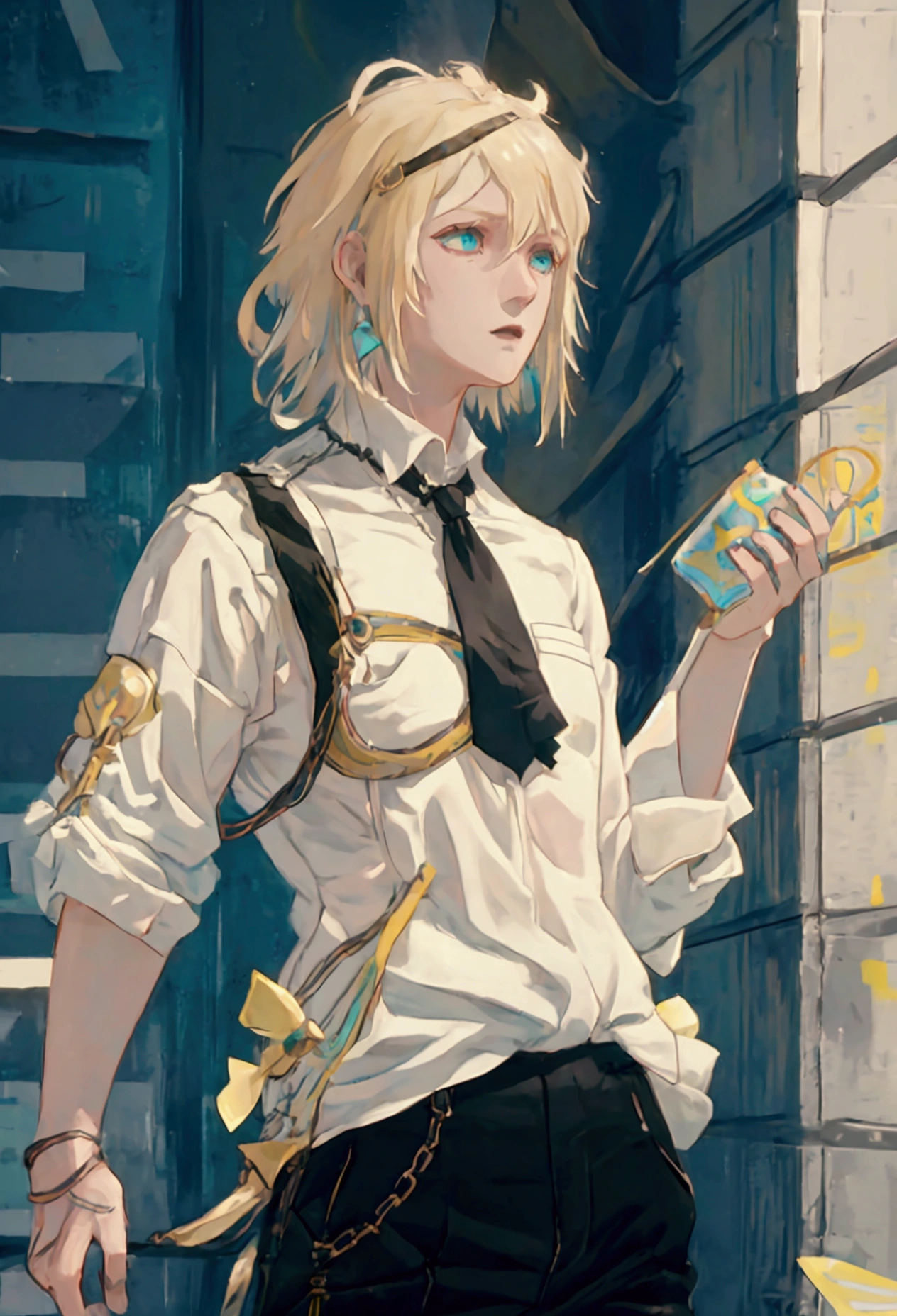 boy, blond, medium length hair, wearing a short-sleeved white shirt tucked into black pants, Without a tie, the collar is unfastened, turquoise eyes, small ring earrings, stands straight, UHD, retina, masterpiece, accurate, anatomically correct, high quality, best quality, highres