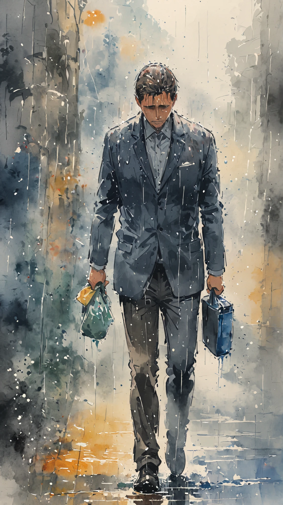 watercolor painting of a man in suit in the rain. full body shot of the man who is soaked under the rain. he tilts his head up to face the rain, the rainwater flows down his face. he is walking in the street, holding his hands out to feel the rain. watercolor brushes stroke painting style. the sky is dark.