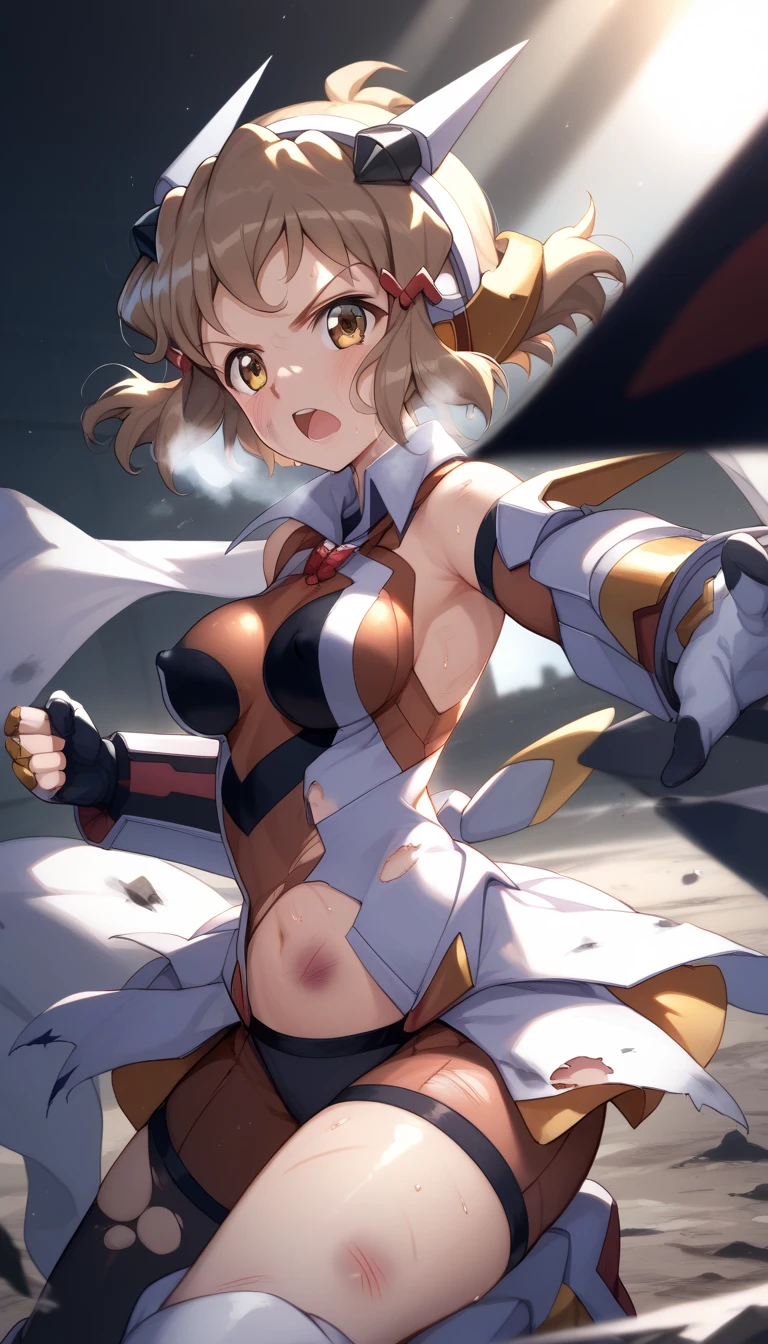  top quality ,  soft light during the cruise,  super high res,  cute, Beautiful face in every detail , high resolution details of human skin texture, shiny skin,sweat,Heat, white breath ,Take a deep breath,Hibiki Tachibana,Brown Hair,, battle costume,Outdoor Arena,sunlight, serious eyes,Ready, Symphogear ,armed gear , open mouth ,Fighting pose,bruised body, hair ornament, torn clothes ,Short Hair,,whole body, one nipple