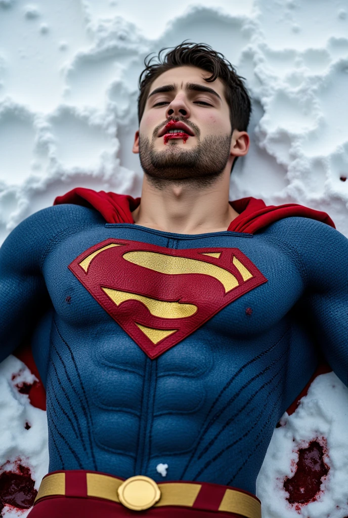 Cody Christian attractive, muscular, strong physique, dressed in a Superman costume, yellow belt, with his head tilted slightly upward and his eyes closed, He lies in the snow, with an expression of pain, with blood on his lips, full body shot