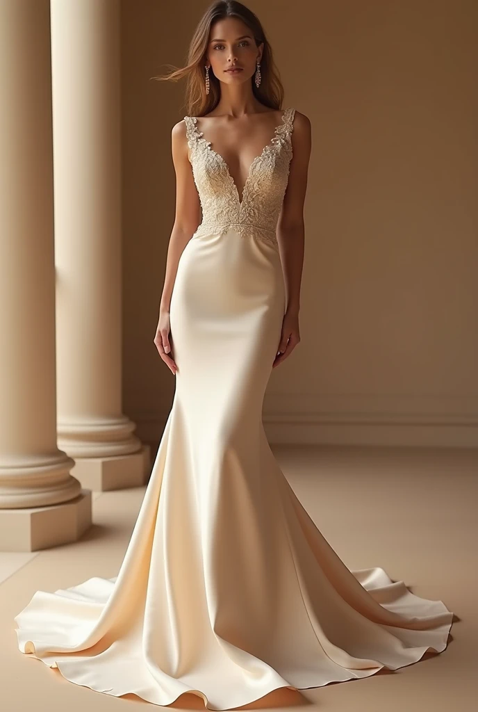 Create a bride's wedding dress. A mermaid satin dress for a female, 5'1ft, 46kg in weight and 27 waistline.