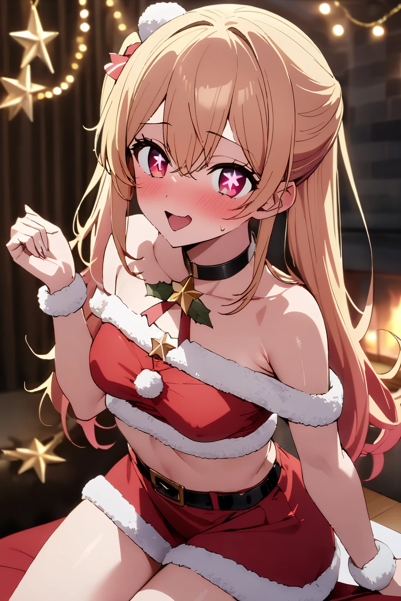 NSFW,masterpiece, top quality , high res, very detailed,Hoshino Ruby\(My Favorite \),Star-shaped pupils, long hair, side ponytail,Blonde, Santa costume , off-shoulder, crop top, miniskirt,Christmas party