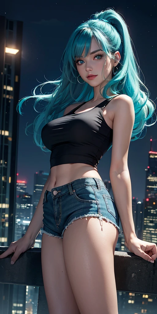 1 girl named Sarah with long light blue hair, dyed loose hair, Long hairstyle, perfect detailed face, Young pretty white girl, Hot-top model, Detailed symmetrical light green eyes with round irises, Beautiful, Walking and posing, Look at the observer, 19-year-old girl, looks like Madison Beer, extremely detailed face, Model, Realistic, Real life, perfect photorealistic picture, Realistic, hourglass figure, Stunning realistic photography, Detailed fingers, detailed realistic face, Soft fingers, real human nails, Extremely attractive girl, perfect detailed tan, small eyes, perfectly detailed face with realistic complexion and finely porous skin, small nose, Model, Perfect posture, Natural limbs, long legs, detailed symmetrical eyeballs, symmetric eyes, Realistic eyeballs, Realistic detailed eyes, cute plump closed lips, makeup, no long neck, no long waist, Perfect proportional body, seductive gaze, Looking in the direction of the viewer, Fascinating facial features, ah high, two arms, Two legs, one head, tiny breasts, realistic natural bodies, realistic shadows, Mystical epiphany, 8K, UHD, ((body facing the viewer, Pointing at the camera)), "wide-angle", Full-body shot, full pose, (photo studio white background), tempt a little, Cinematic world, Cover photo in the center of Hyperealistic, Stunning full-color, Cinematic, neoprene, behance contest winner, portrait of a, presented at Unsplash, stylized digital art, Smooth, extra high resolution, She wearing a large white long T-shirt and black Acronym J36-S sweatpants (T-shirt only white), black and white sneakers, instagram model, 80mm , Streetwear , (((sitting on the roof of a skyscraper))) , Realistic,round ass