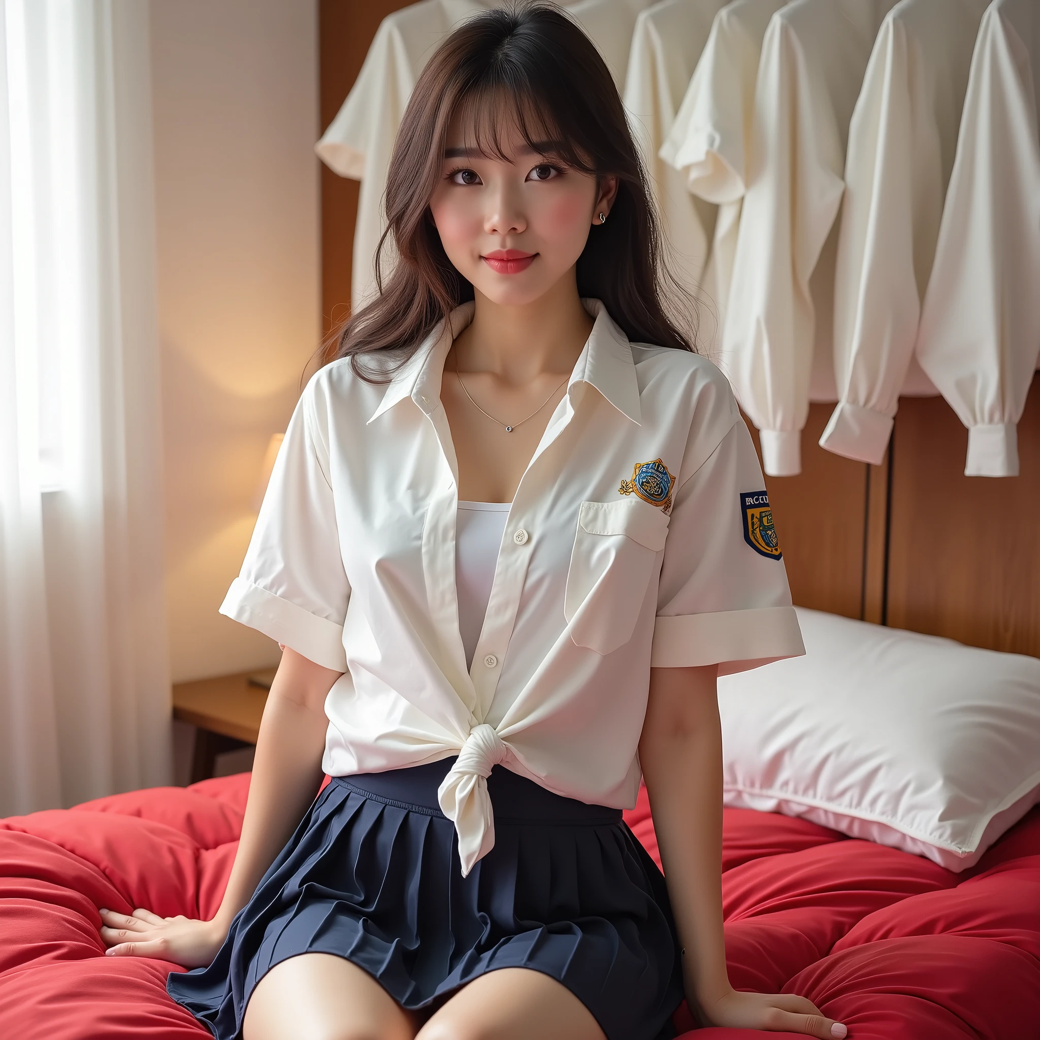 Arafed asian woman in a white shirt and blue skirt sitting on a bed ...