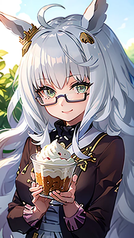 masterpiece、 girl、White Hair、 long hair、Biwa Hayahide（Horse Girl）((horse ear))、smile、 wearing glasses,(((parfait)))、 Focus on Faces ,sweets background 
