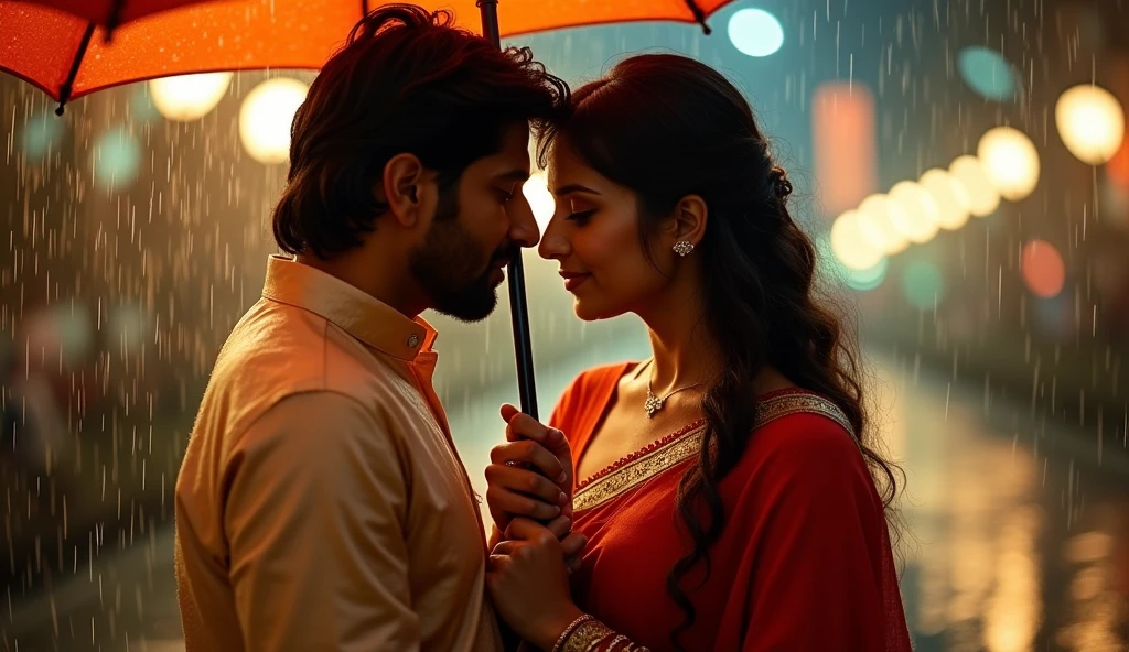 South indian couple with romantic look. Under the umbrella in a slow rain fall. Normal dress. Close shot. Hands on sholder looking straight