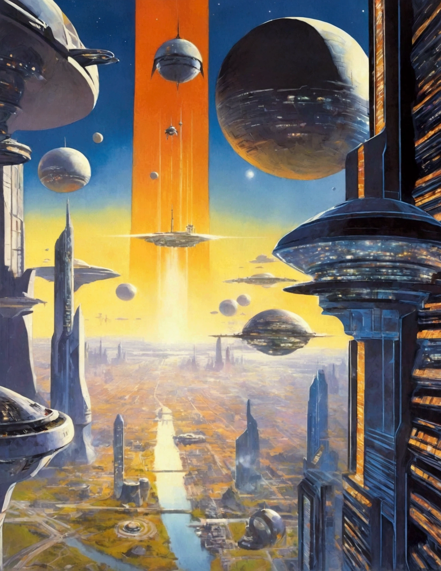 painting of a futuristic city with a futuristic building and a large space station, astronauts and space colonies, 1 9 8 0 s concept art, by Robert McCall, futuristic space port, space port city, robert t. mccall, 1 9 5 0 s concept art, 7 0 s science fiction art, 7 0 s sci - fi art, futuristic painting