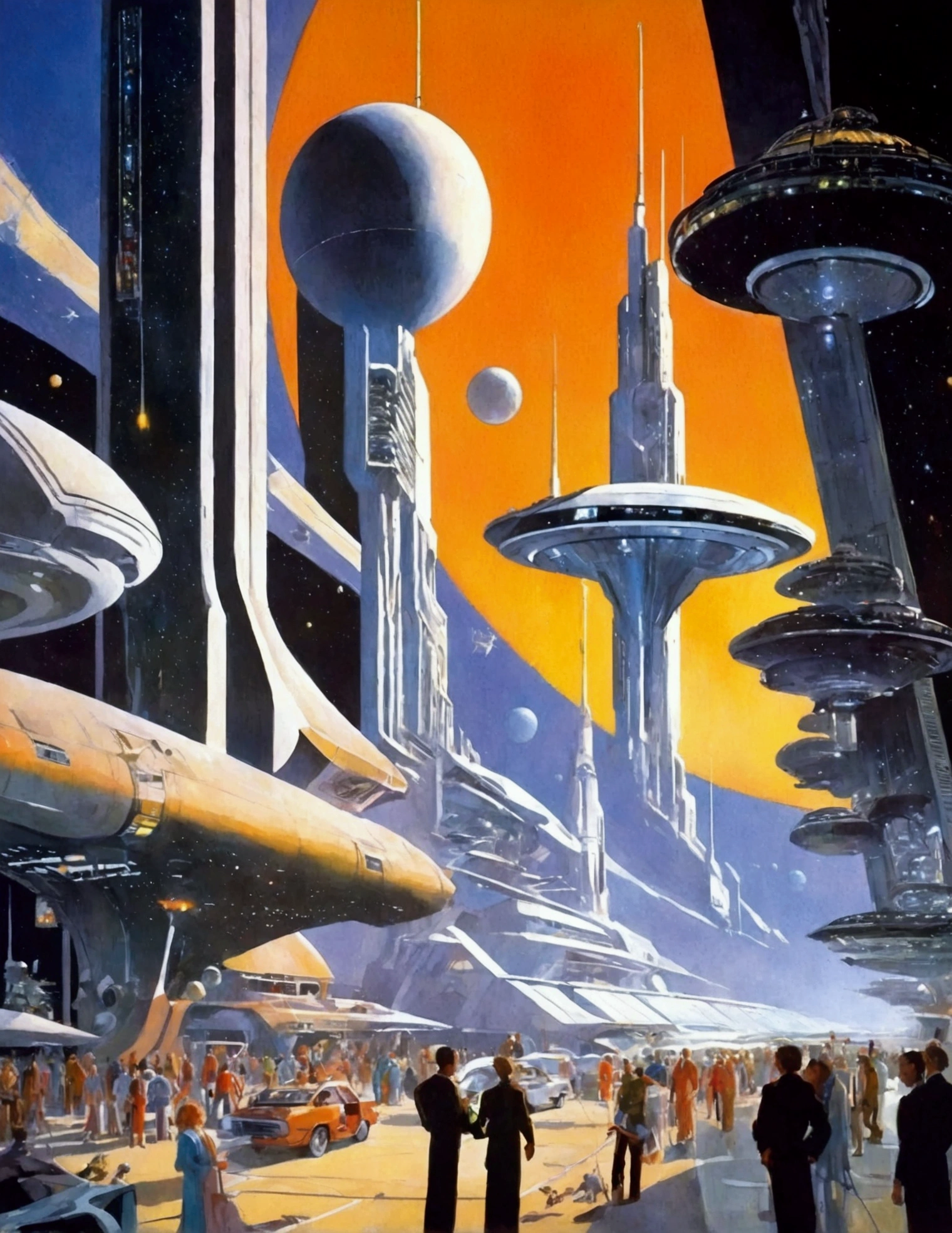 painting of a futuristic city with a futuristic building and a large space station, astronauts and space colonies, 1 9 8 0 s concept art, by Robert McCall, futuristic space port, space port city, robert t. mccall, 1 9 5 0 s concept art, 7 0 s science fiction art, 7 0 s sci - fi art, futuristic painting