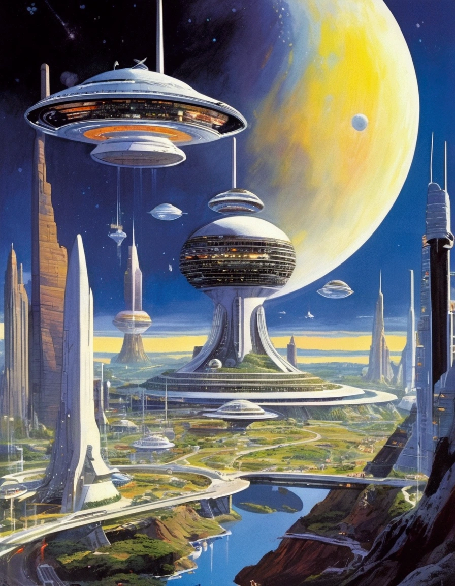 painting of a futuristic city with a futuristic building and a large space station, astronauts and space colonies, 1 9 8 0 s concept art, by Robert McCall, futuristic space port, space port city, robert t. mccall, 1 9 5 0 s concept art, 7 0 s science fiction art, 7 0 s sci - fi art, futuristic painting