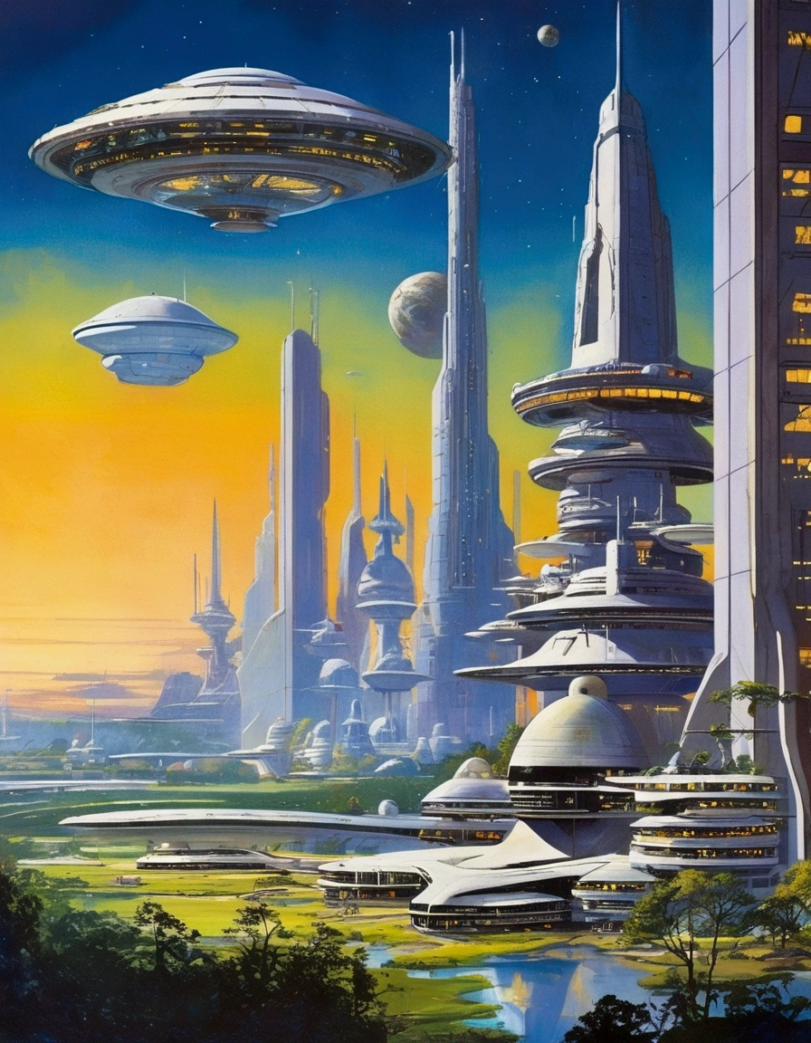 painting of a futuristic city with a futuristic building and a large space station, astronauts and space colonies, 1 9 8 0 s concept art, by Robert McCall, futuristic space port, space port city, robert t. mccall, 1 9 5 0 s concept art, 7 0 s science fiction art, 7 0 s sci - fi art, futuristic painting