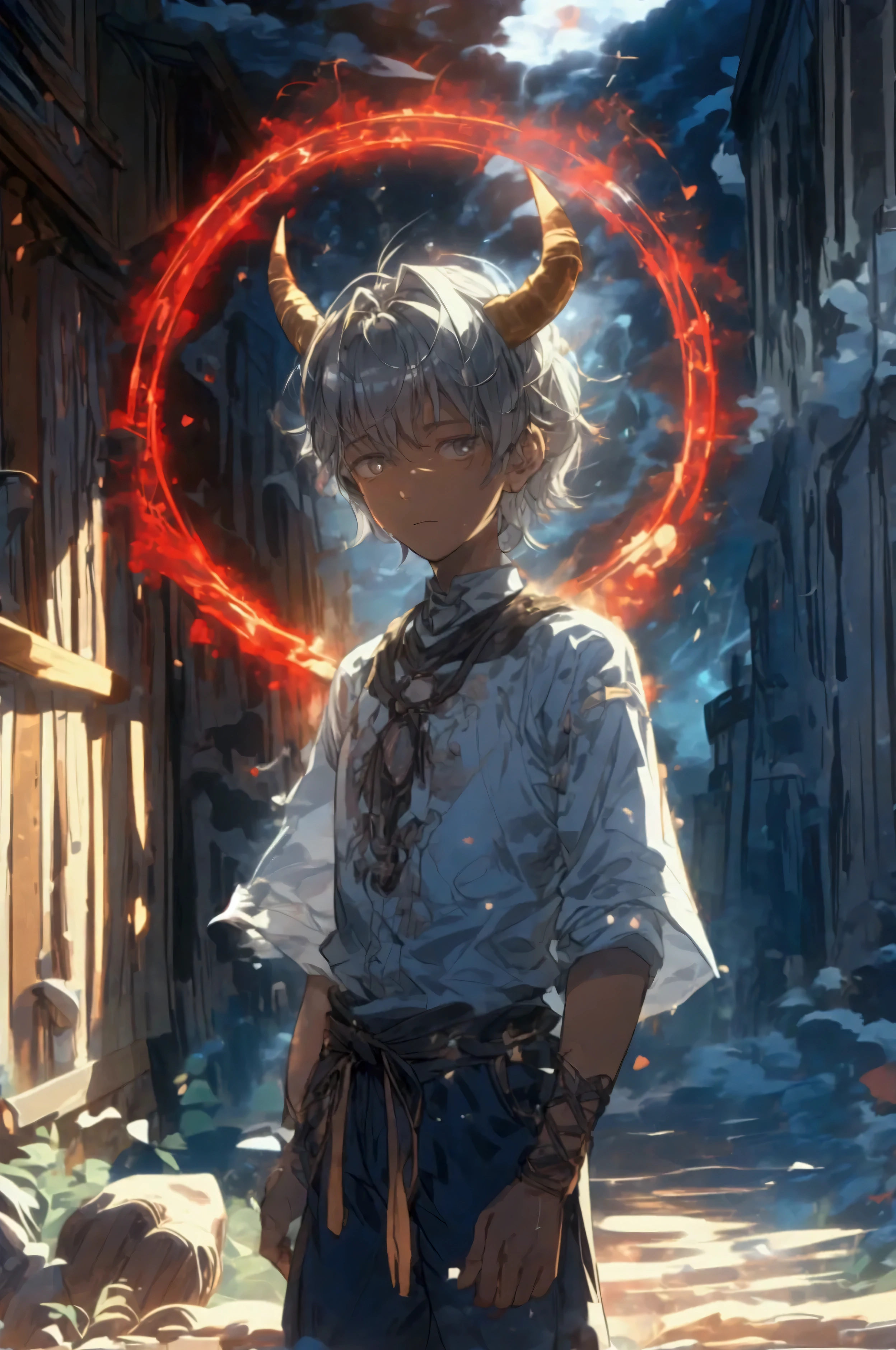 a fifteen year old boy standing near a dilapidated house made of old woodin, gray shaggy hair , gray shimmering eyes , very dark skin , two horns on the head , simple dark shirt and shorts, medival town, creating a large red shimmering magic cirlce on the ground