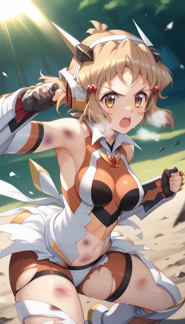  top quality ,  soft light during the cruise,  super high res,  cute, Beautiful face in every detail , high resolution details of human skin texture, shiny skin,sweat,Heat, white breath ,Take a deep breath,Hibiki Tachibana,Brown Hair,, battle costume,Outdoor Arena,sunlight, serious eyes,Ready, Symphogear ,armed gear , open mouth ,Fighting pose,bruised body, hair ornament, torn clothes ,Short Hair,,whole body, one nipple