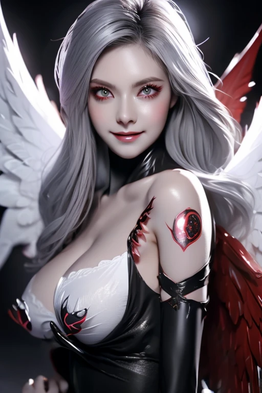 ladydevimon, wings,grey Hair, ((red eyes)),((black Angel Wings1.5)), bare face , fair skin, laugh,masterpiece, best quality, in detail,cute (big breasts), (split), whole body,  Best image quality、masterpiece、8k、Anime Face、A kind smile、 beautiful body 、Cowboy Shot,sexy、Very detailed、highest quality, (((sexy cloth)))