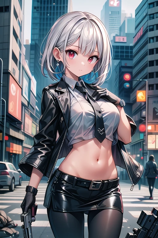 1girl, breasts, solo, smile, eyepatch, cleavage, shorts, short hair, hair ornament, looking at viewer, belt, large breasts, jacket, black shorts, black jacket, long sleeves, white hair, earrings, bangs, shirt, x hair ornament, blue eyes, short shorts, jewelry, cowboy shot, leather, grin, white shirt, detached collar, ribbon, neck ribbon, parted lips, blush, standing, brown belt, collared shirt, building, red ribbon, arms at sides, hairclip, outdoors, thighs, open clothes, navel, blunt bangs, wing collar, open jacket, city, partially unbuttoned, castle, day, leather jacket, teeth, dress shirt, grey hair, one eye covered, buckle, shiny, sky, grey eyes, midriff, ear piercing, belt buckle, leather belt, cityscape, piercing, buttons, collar, bob cut, medium breasts, midriff peek, cloud, tower, shiny clothes, sidelocks, shadow, medium hair, lips, unbuttoned, railing, hair intakes, open mouth, collarbone, blue sky, black belt, skyline, zipper, shiny hair, indoors, cropped jacket, bow, hair over one eye, shiny skin, window, cuffs, no bra, wrist cuffs, latex, skyscraper, arm at side, chain, center opening, skirt, open shirt, thighhighs, cloudy sky, :d, nail polish, hair behind ear, white collar, micro shorts, mole, blazer, partially unzipped, blurry, architecture, blurry background, town, clock tower, black thighhighs, virtual youtuber, hairpin, arch, sunlight, fingernails, zipper pull tab, corset, balcony, sleeve cuffs, stud earrings, red bow, leather pants, pink lips, bowtie, necktie