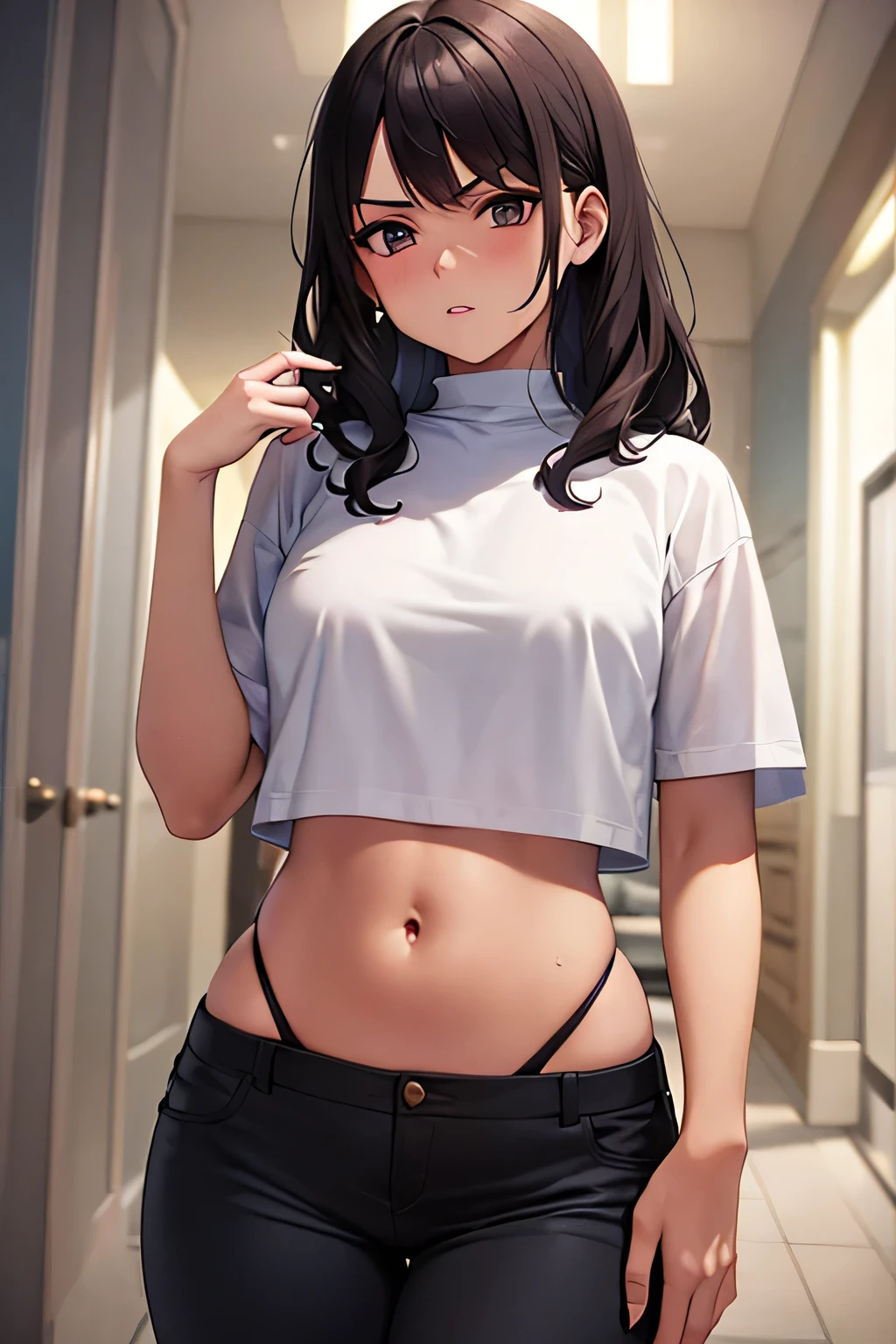 super fine illustration, vibrant colors, masterpiece, sharp focus, best quality, depth of field, cinematic lighting, ultra detailed, cropped t shirt, white skirt, ruffled skirt, navel , belly button, tummy, wide hips, 1 woman, solo, milf, very messy hair, very long hair, slender, blush, annoyed, mature female, tall woman, looking down, v-shaped eyebrows, medium breasts, black hair, hoop earring, bangle, stomach, choker, milf