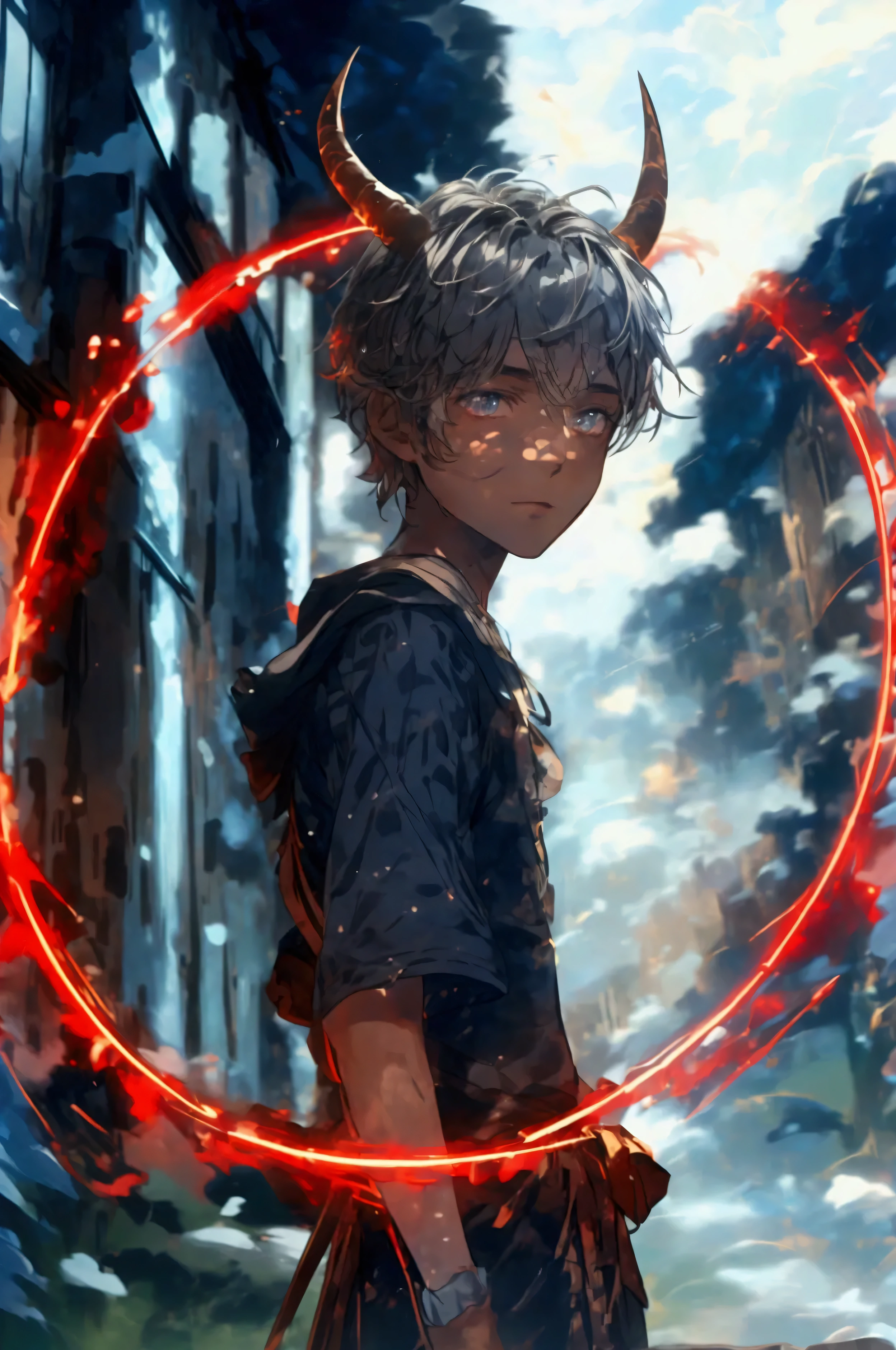 a fifteen year old boy standing near a dilapidated house made of old woodin, gray shaggy hair , gray shimmering eyes , very dark skin , two horns on the head , simple dark shirt and shorts, medival town, creating a large red shimmering magic cirlce underneath him