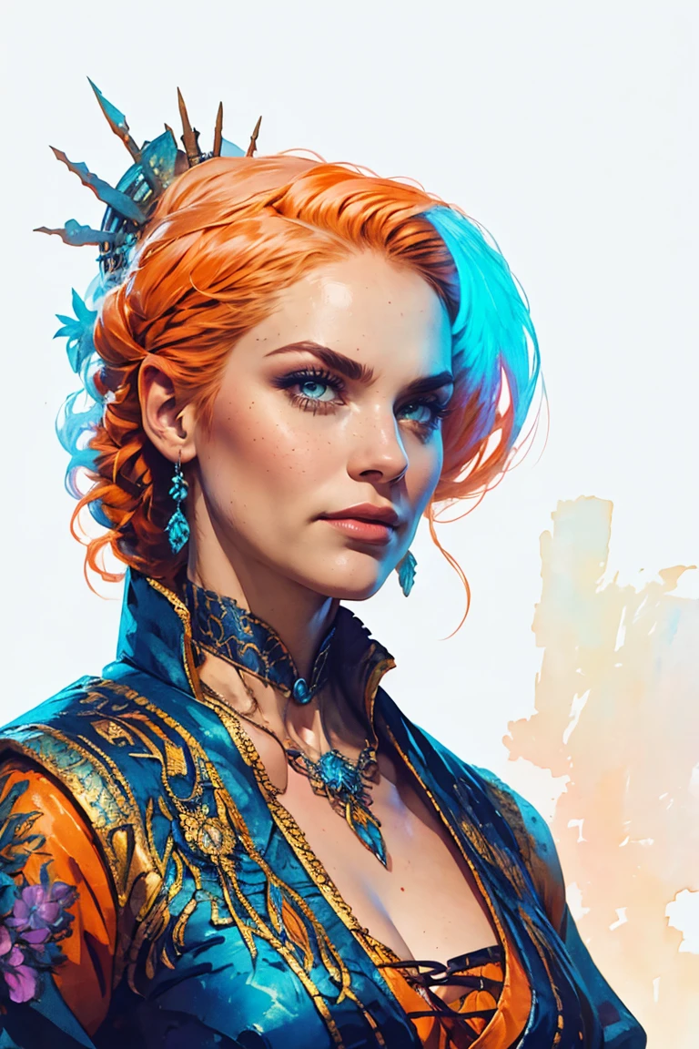 Ancient Woman, Beautiful, Neon, Dragon Wrapped Around Body, Fiction, Tale, Ancient Story, High Detail, Portrait, Studio Light, Colorful, Bright, High Fidelity, Strong, Beautiful, Classical, Fantasy, Science Fiction, Occult, Gothic, Renaissance, Wet Watercolor Ink, Orange and Blue, Beautiful Watercolor Painting.