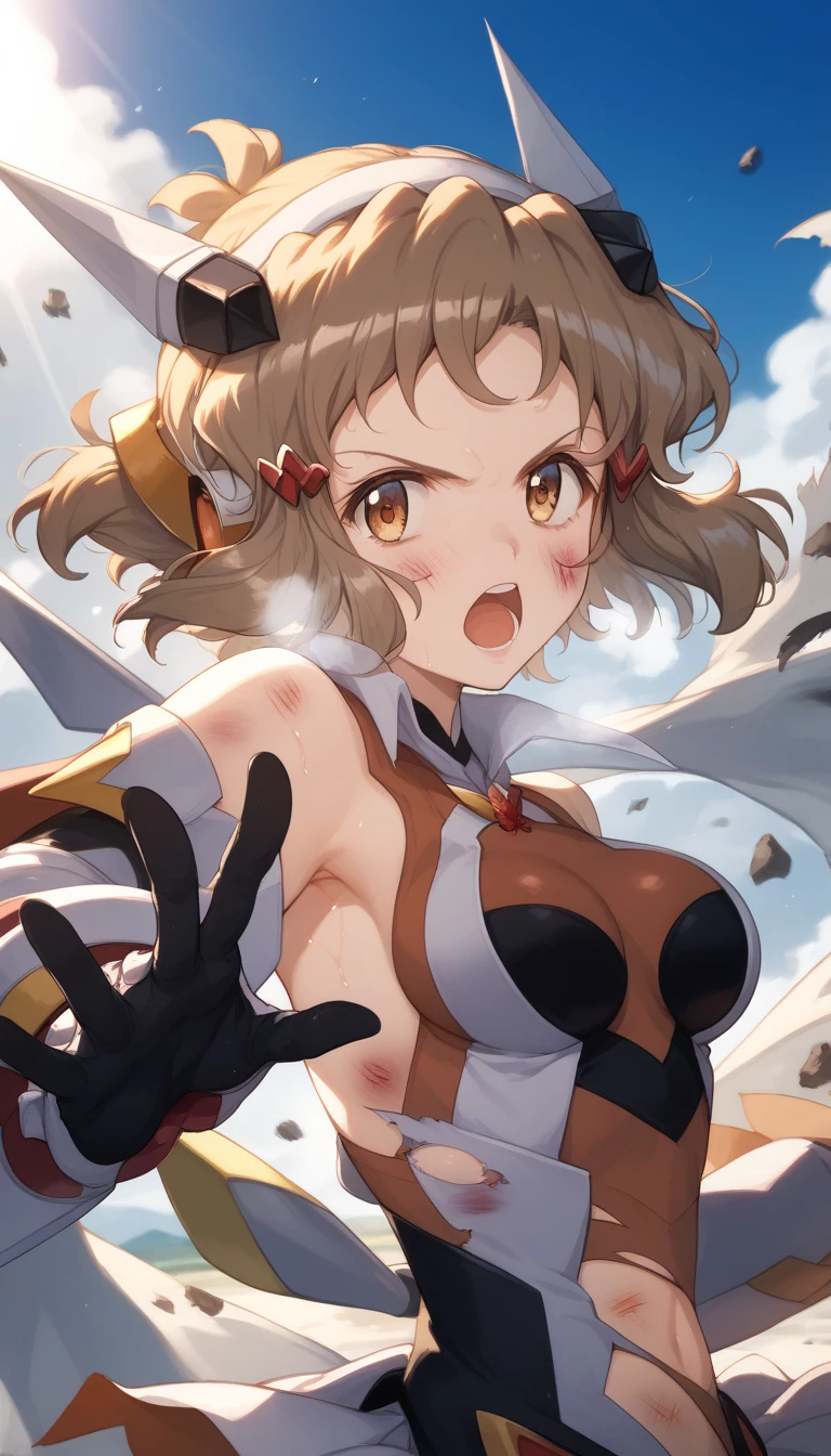  top quality ,  soft light during the cruise,  super high res,  cute, Beautiful face in every detail , high resolution details of human skin texture, shiny skin,sweat,Heat, white breath ,Take a deep breath,Hibiki Tachibana,Brown Hair,, battle costume,Outdoor Arena,sunlight, serious eyes,Ready, Symphogear ,armed gear , open mouth ,Fighting pose,bruised body, hair ornament, torn clothes ,Short Hair,,whole body,Enhanced form , has wings